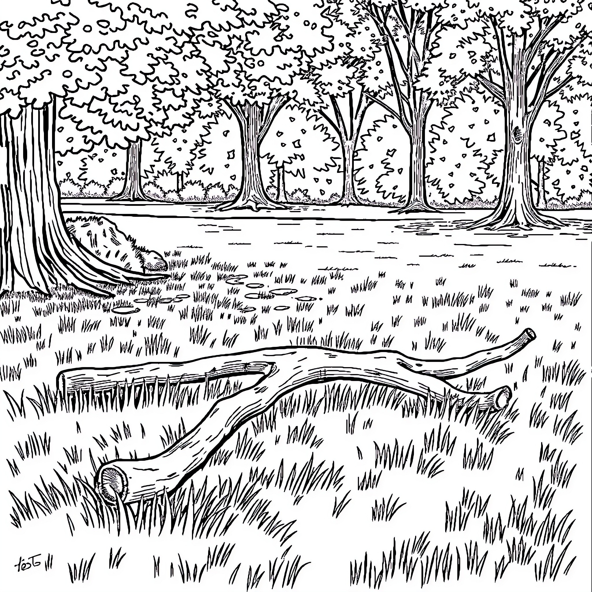 Stick Figures in Peaceful Forest Landscape Coloring Page (free black-and-white line drawing printable PDF for all, from beginners to advanced learners, including children, teens, adults, and seniors)