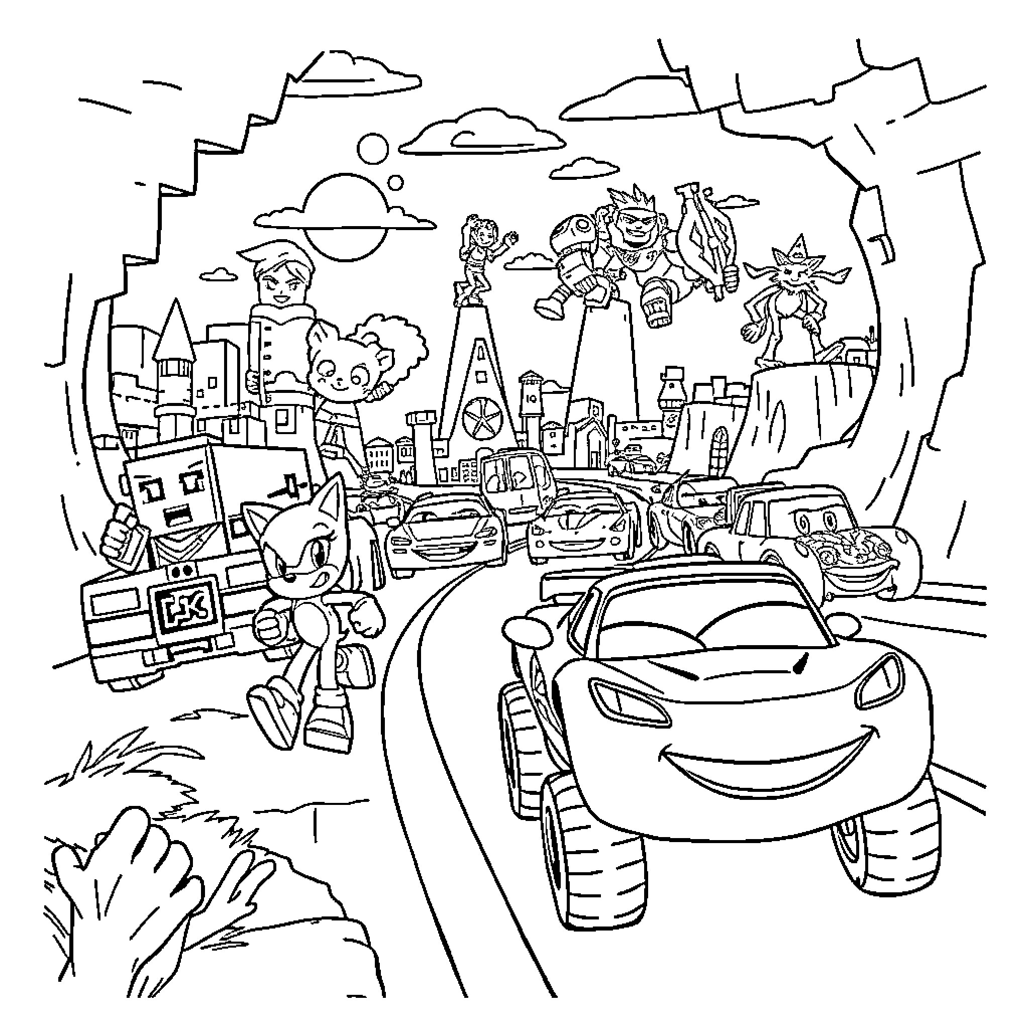 Minecraft Characters Exploring a Futuristic City Coloring Page (free black-and-white line drawing printable PDF for all, from beginners to advanced learners, including children, teens, adults, and seniors)
