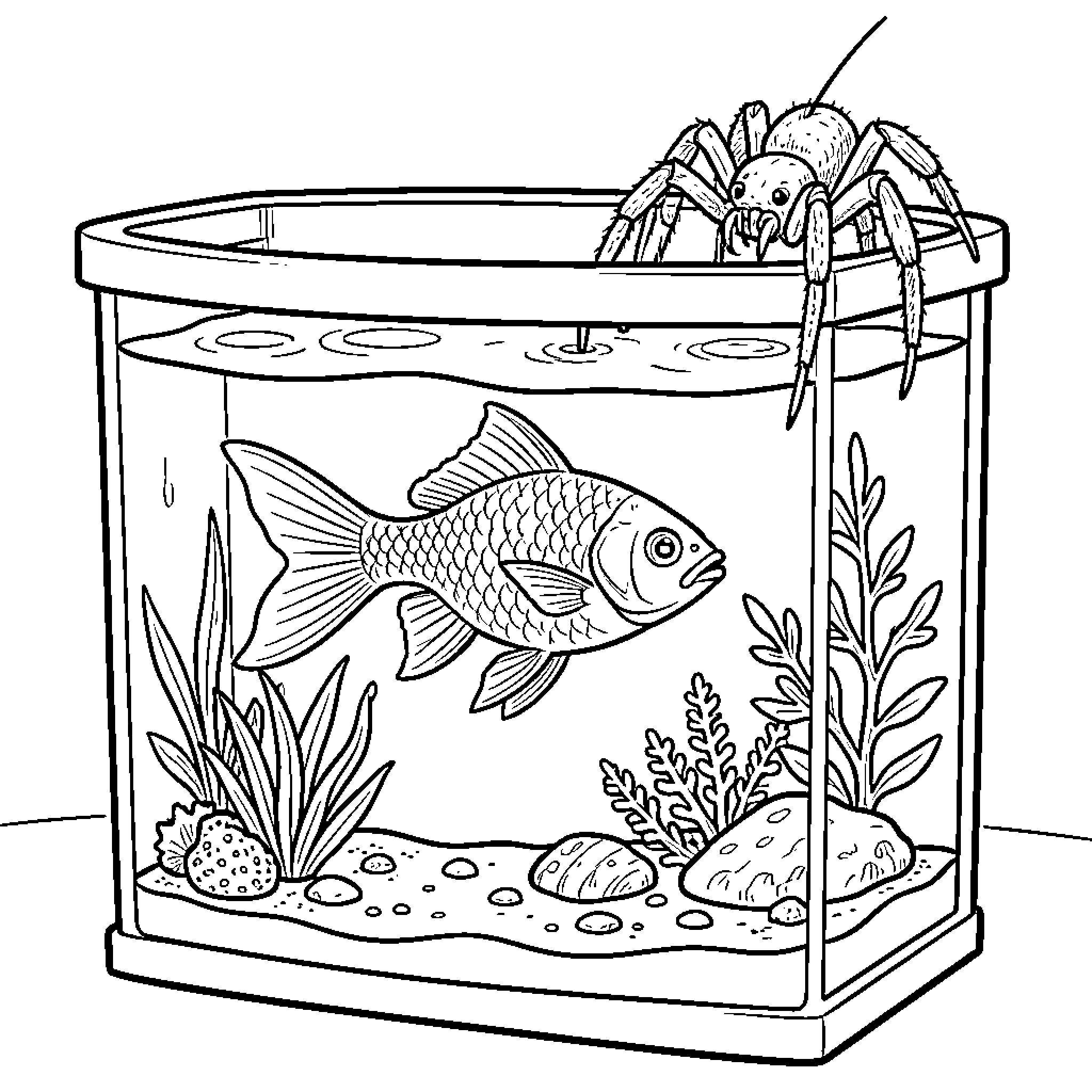 Poisson Rouge swimming in a tank near a spider Coloring Page (free black-and-white line drawing printable PDF for all, from beginners to advanced learners, including children, teens, adults, and seniors)