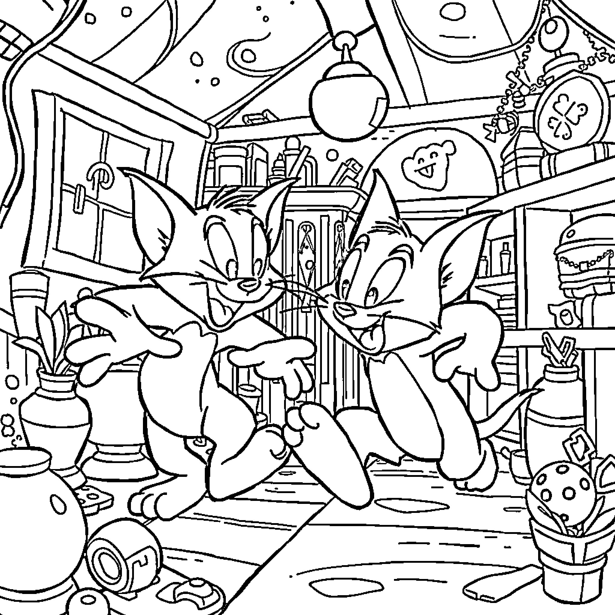 Tom and Jerry's Chaotic Adventure in a Colorful Room Coloring Page (free black-and-white line drawing printable PDF for all, from beginners to advanced learners, including children, teens, adults, and seniors)
