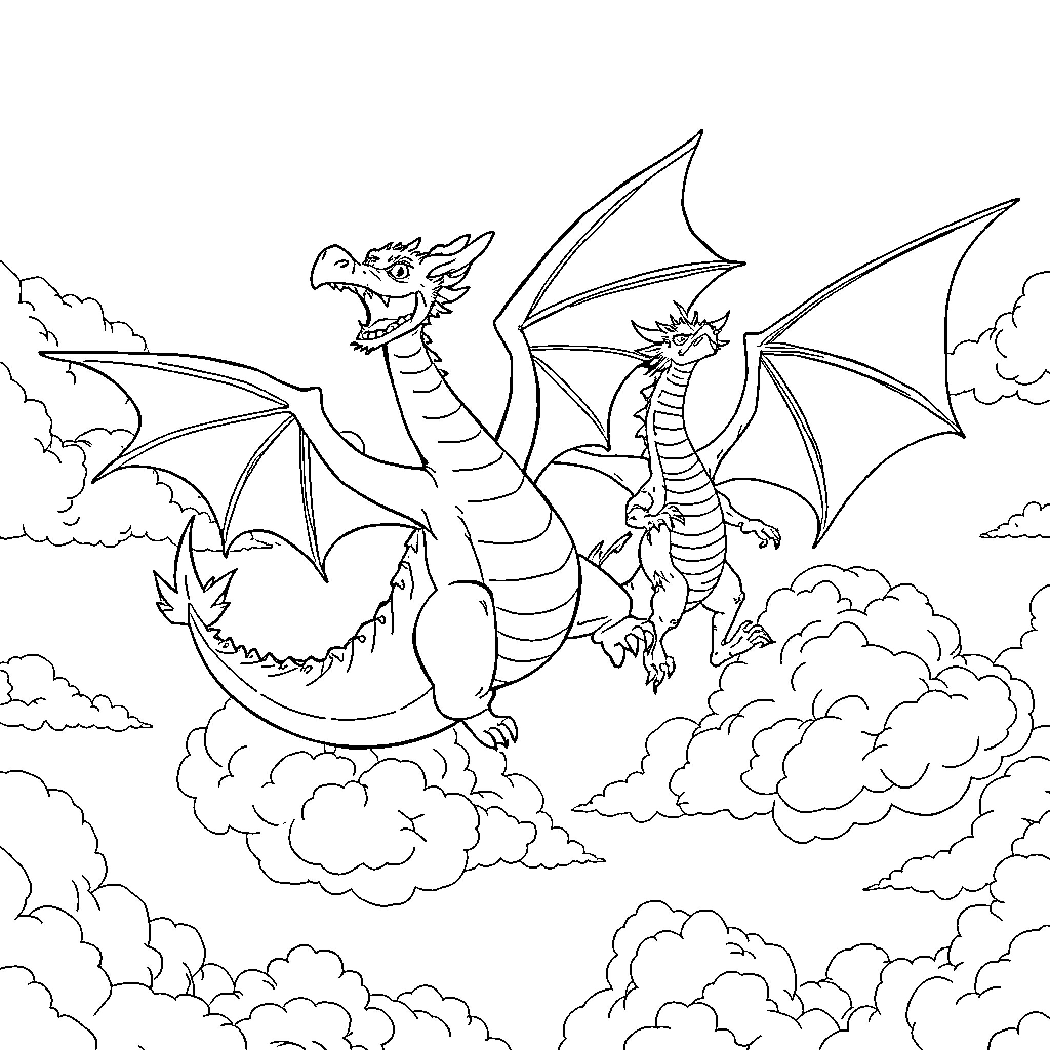 Wyvern dragons soaring through the cloudy sky Coloring Page (free black-and-white line drawing printable PDF for all, from beginners to advanced learners, including children, teens, adults, and seniors)