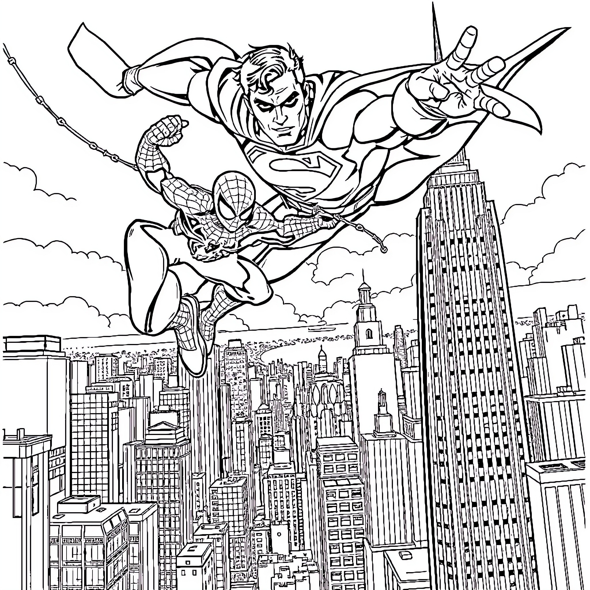 Superman and Spider-Man heroic action in the city Coloring Page (free black-and-white line drawing printable PDF for all, from beginners to advanced learners, including children, teens, adults, and seniors)