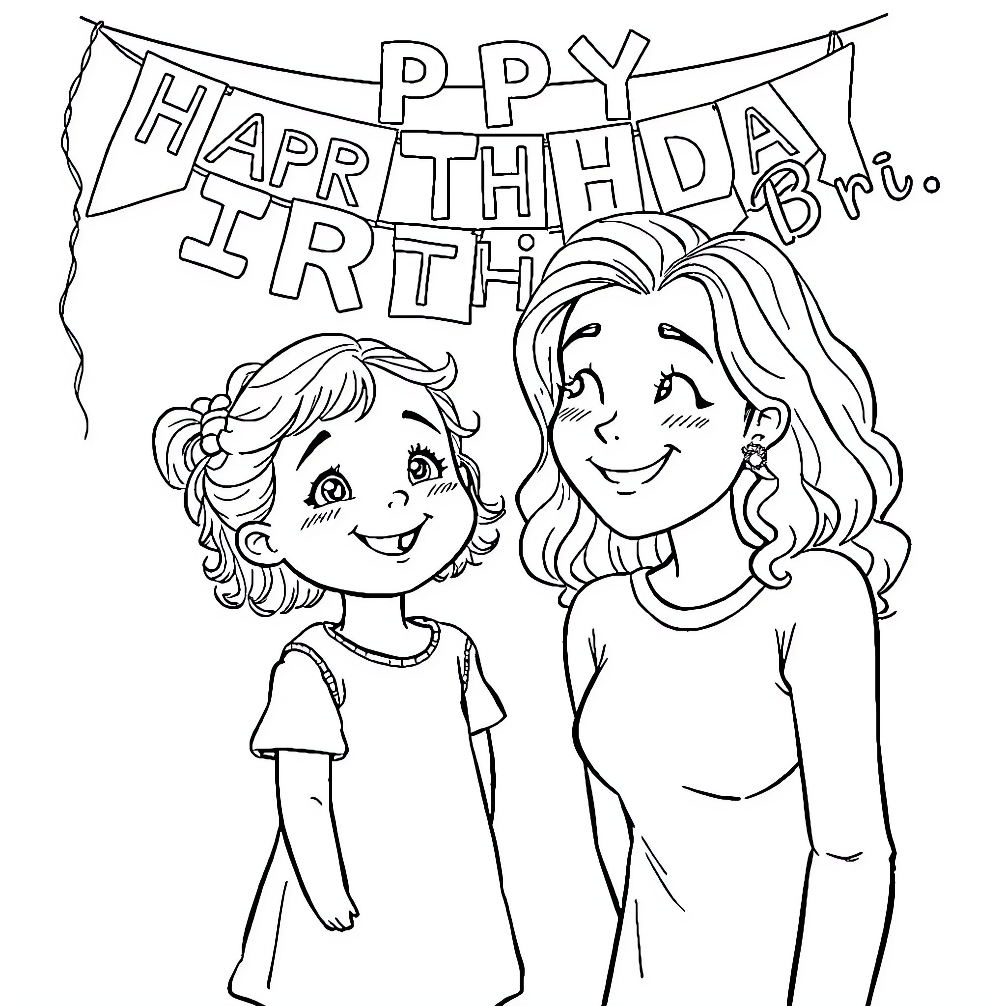 Girl celebrating happy birthday with friend Coloring Page (free black-and-white line drawing printable PDF for all, from beginners to advanced learners, including children, teens, adults, and seniors)