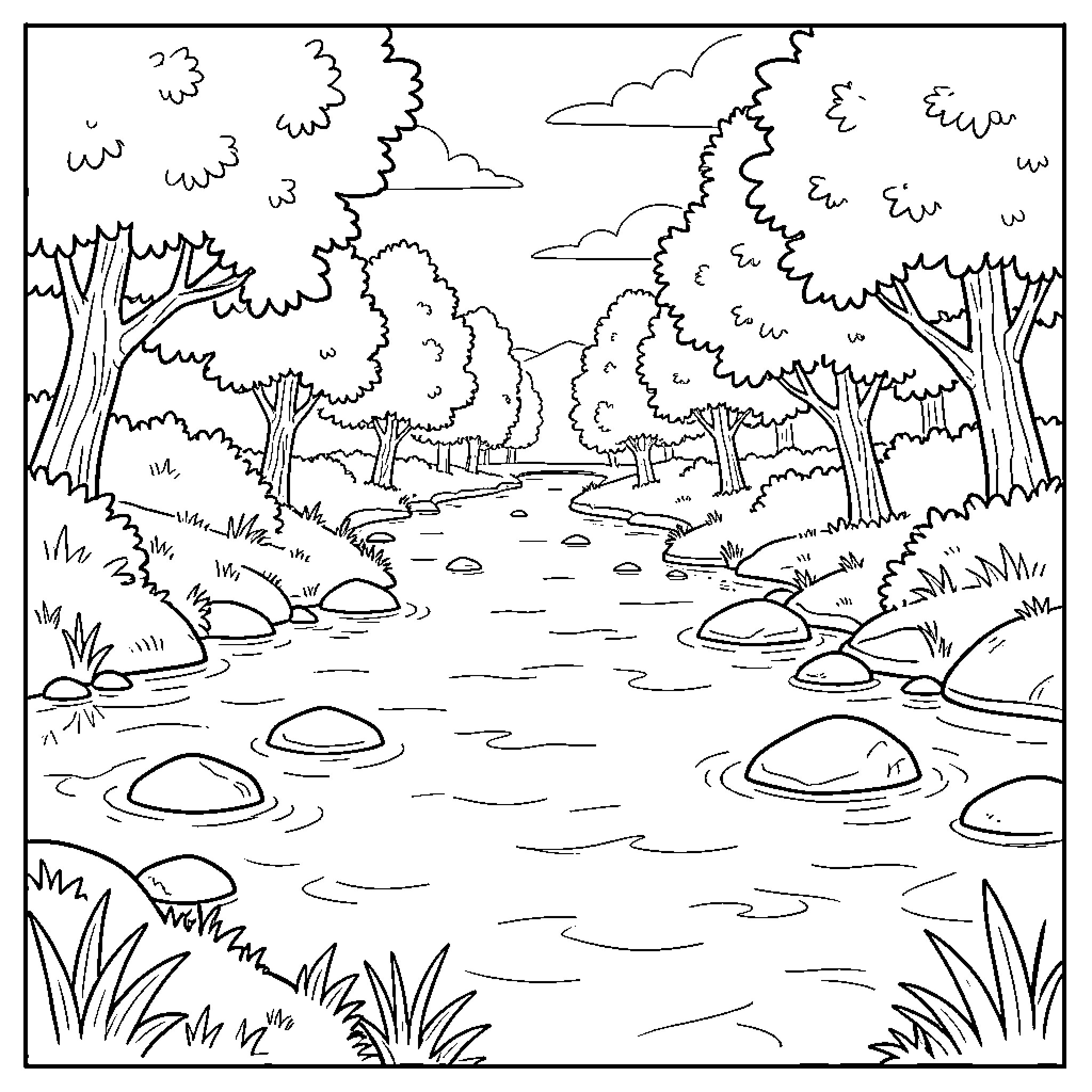 River Flowing Through Serene Forest Landscape Coloring Page (free black-and-white line drawing printable PDF for all, from beginners to advanced learners, including children, teens, adults, and seniors)