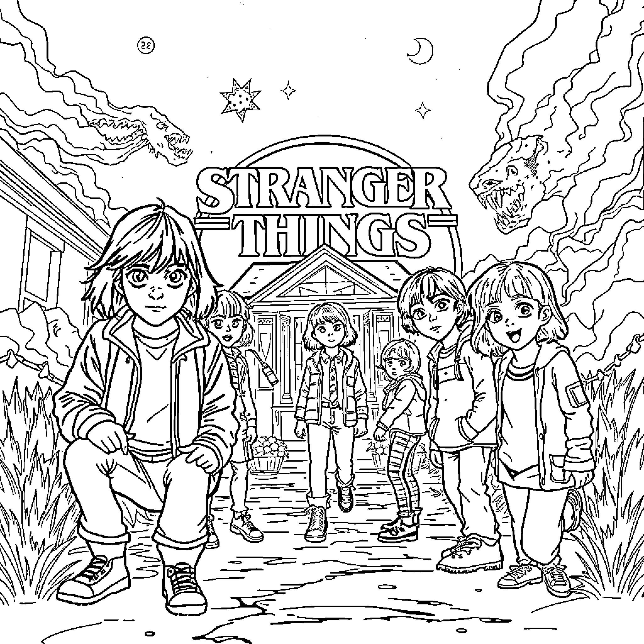 Stranger Things: Group of friends exploring the supernatural Coloring Page (free black-and-white line drawing printable PDF for all, from beginners to advanced learners, including children, teens, adults, and seniors)