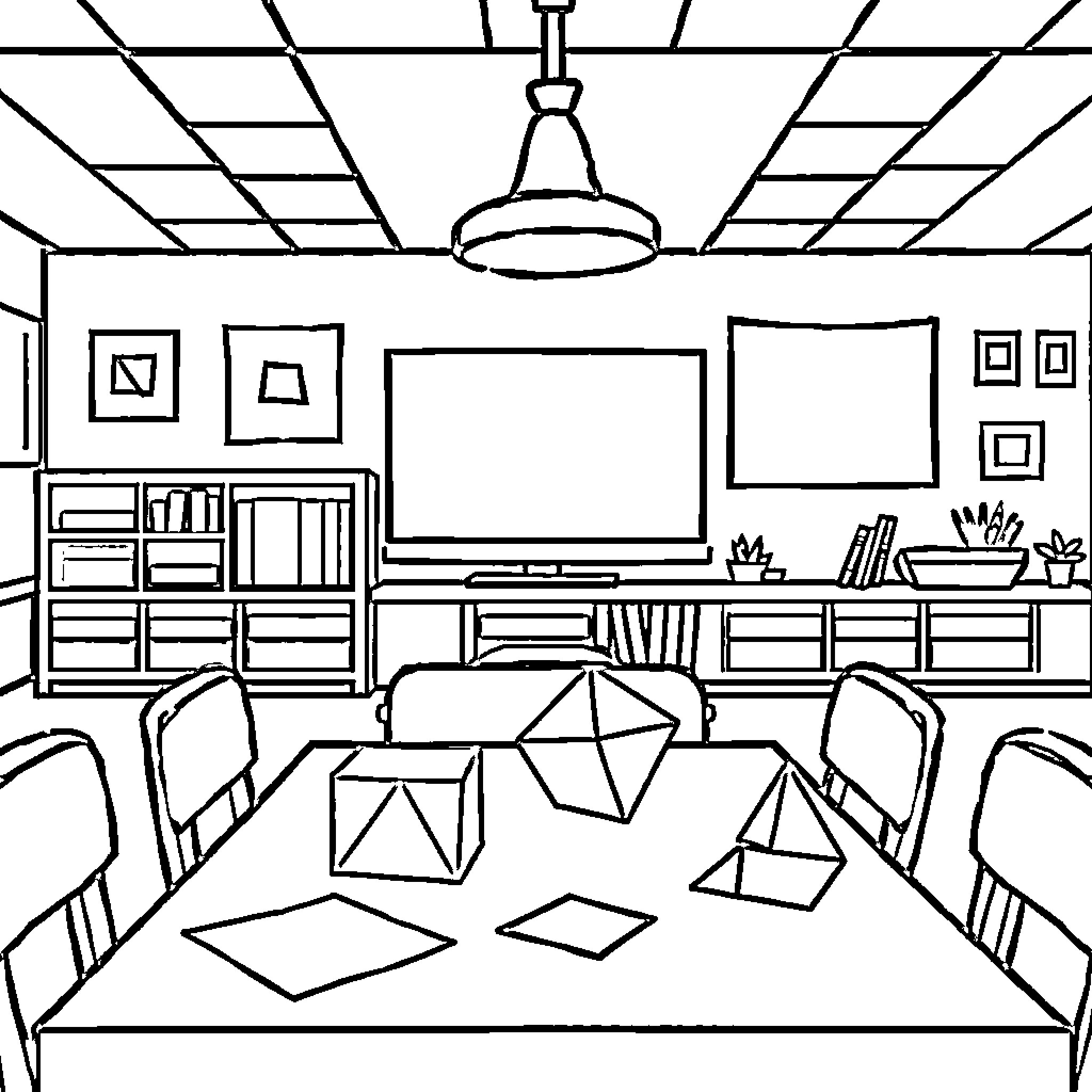 Geometry: Classroom with Shapes and Furniture Coloring Page (free black-and-white line drawing printable PDF for all, from beginners to advanced learners, including children, teens, adults, and seniors)