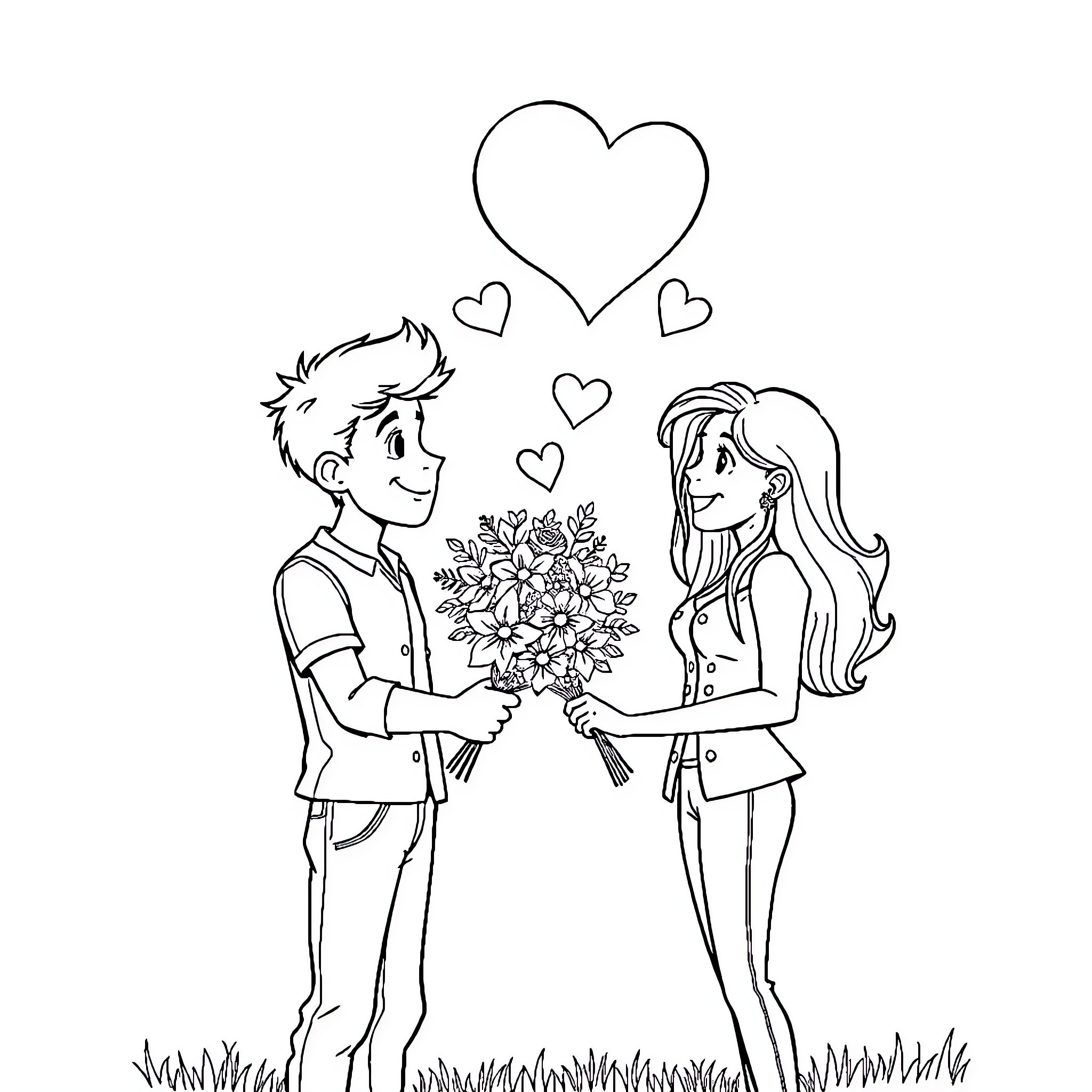 Johnny presents a bouquet to his loved one Coloring Page (free black-and-white line drawing printable PDF for all, from beginners to advanced learners, including children, teens, adults, and seniors)
