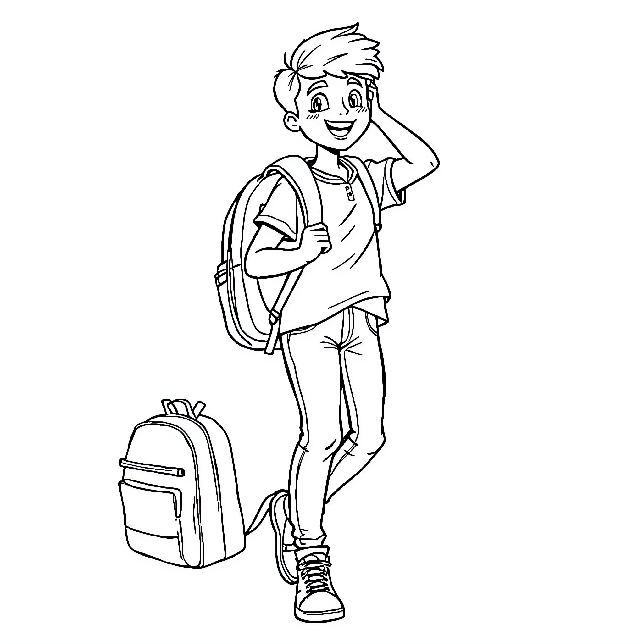 Teenager with backpack heading to school Coloring Page (free black-and-white line drawing printable PDF for all, from beginners to advanced learners, including children, teens, adults, and seniors)