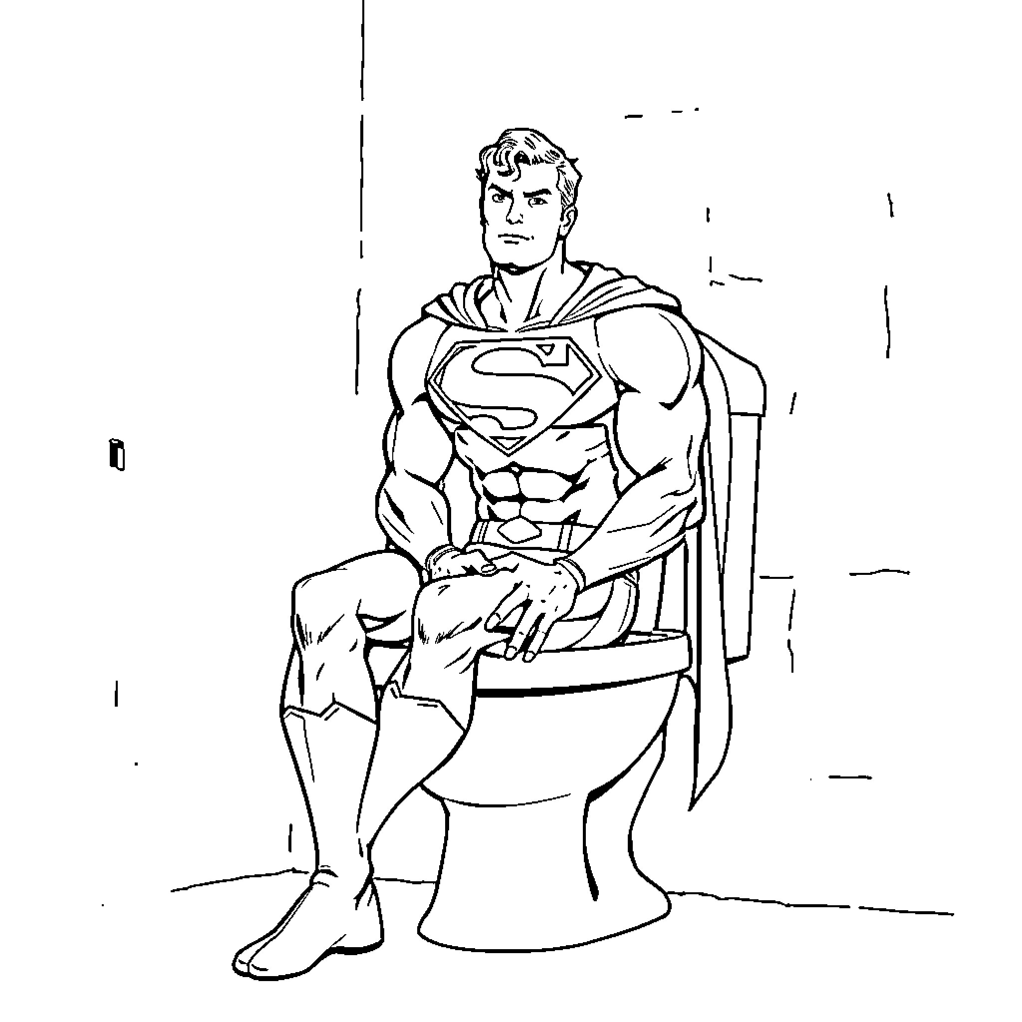 Superman sitting on a toilet Coloring Page (free black-and-white line drawing printable PDF for all, from beginners to advanced learners, including children, teens, adults, and seniors)