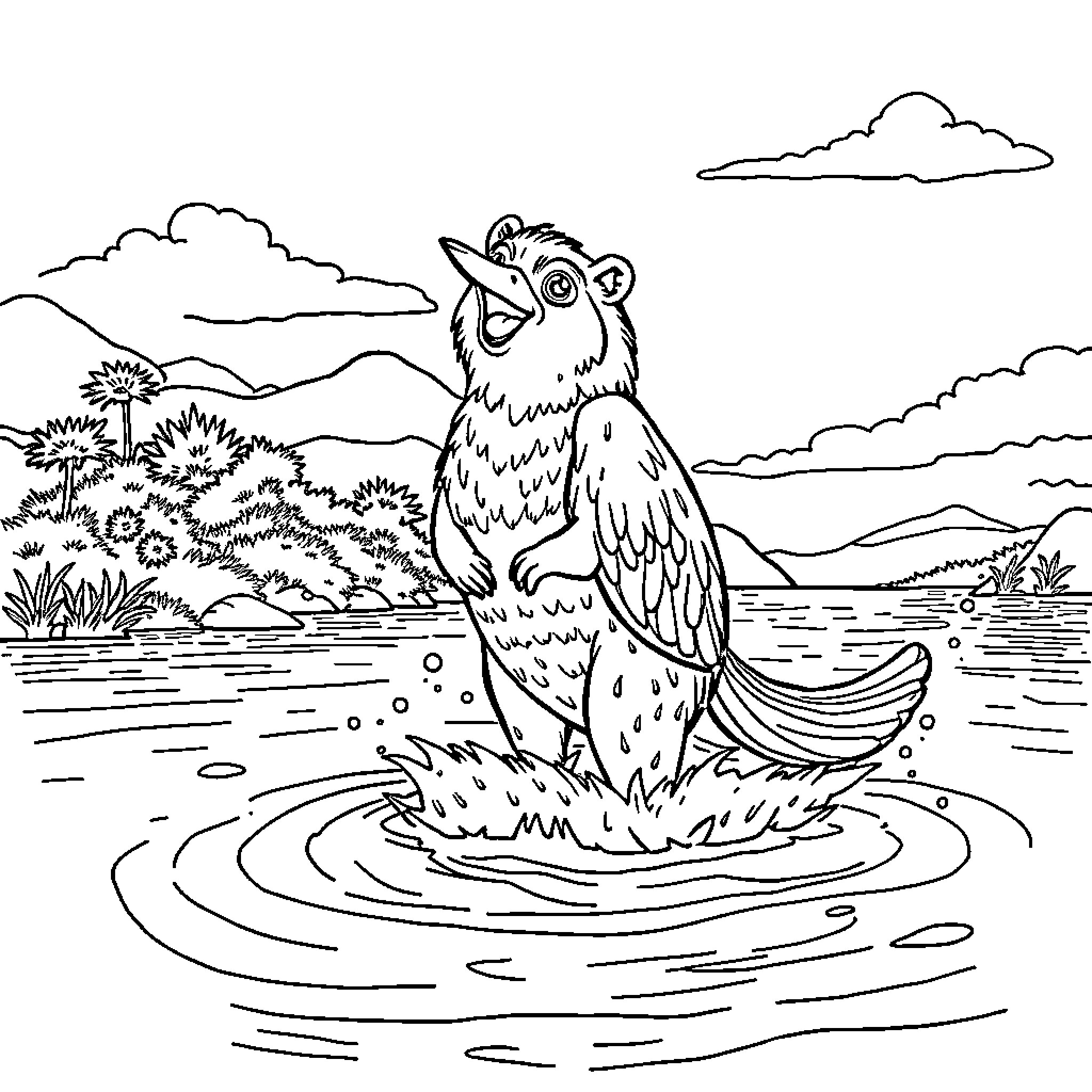 Dog splashing in pond near wooded landscape Coloring Page (free black-and-white line drawing printable PDF for all, from beginners to advanced learners, including children, teens, adults, and seniors)