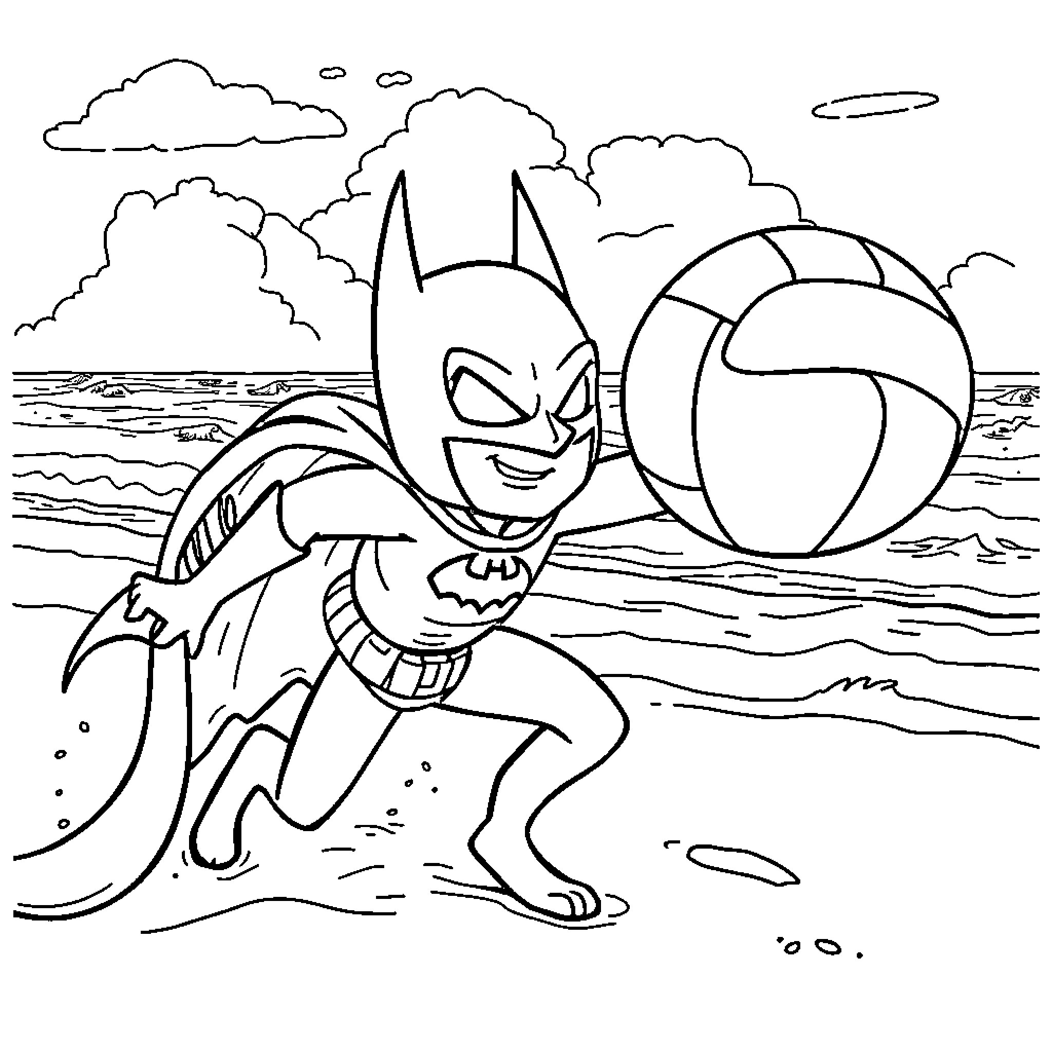 Batman Playing on the Beach Coloring Page (free black-and-white line drawing printable PDF for all, from beginners to advanced learners, including children, teens, adults, and seniors)