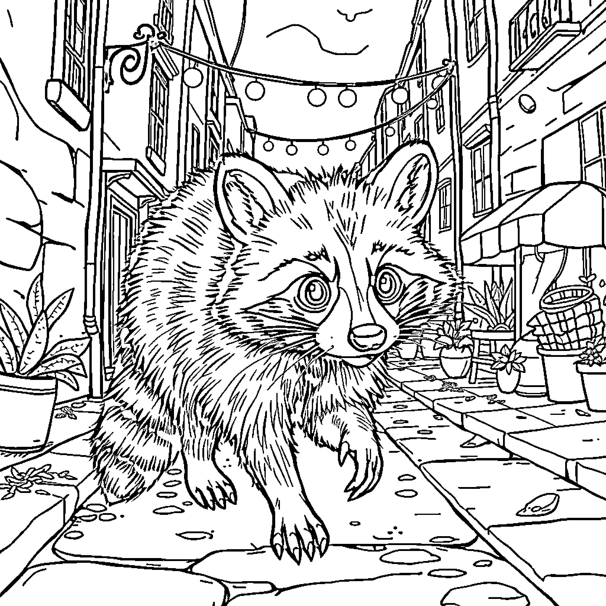 Raccoon exploring a lively city street Coloring Page (free black-and-white line drawing printable PDF for all, from beginners to advanced learners, including children, teens, adults, and seniors)