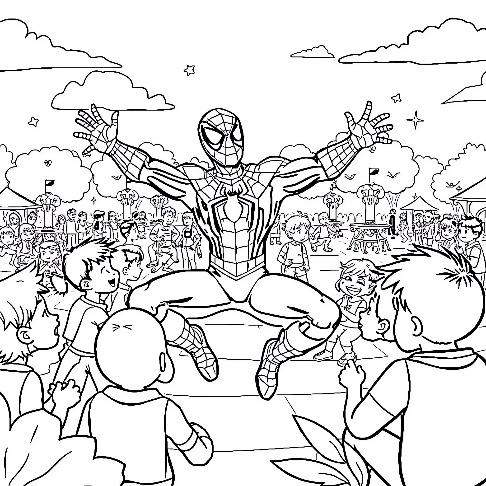 Spiderman Heroically Saving the Day in a Crowded Scene Coloring Page (free black-and-white line drawing printable PDF for all, from beginners to advanced learners, including children, teens, adults, and seniors)