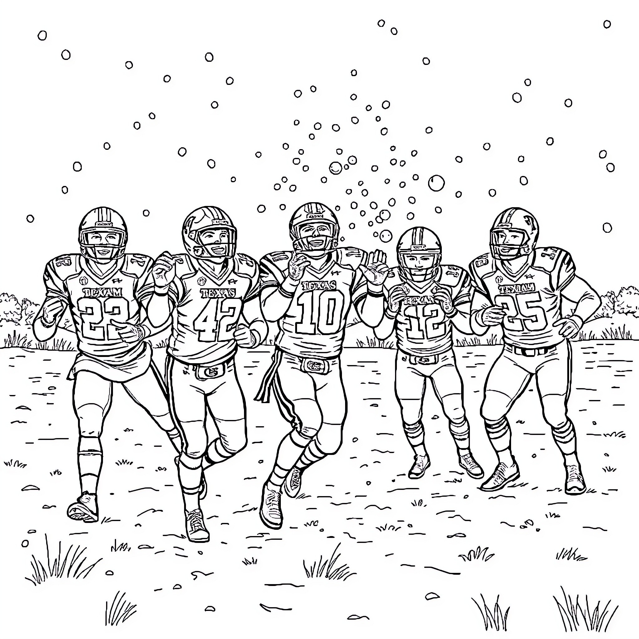 Football Players in Game Action Coloring Page (free black-and-white line drawing printable PDF for all, from beginners to advanced learners, including children, teens, adults, and seniors)