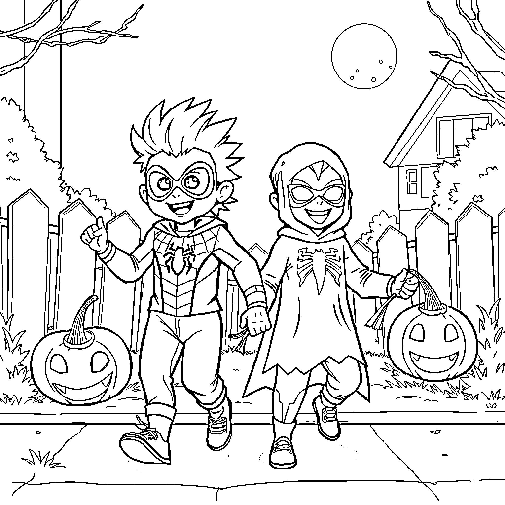 Spider-themed Trick-or-Treaters on Halloween Night Coloring Page (free black-and-white line drawing printable PDF for all, from beginners to advanced learners, including children, teens, adults, and seniors)