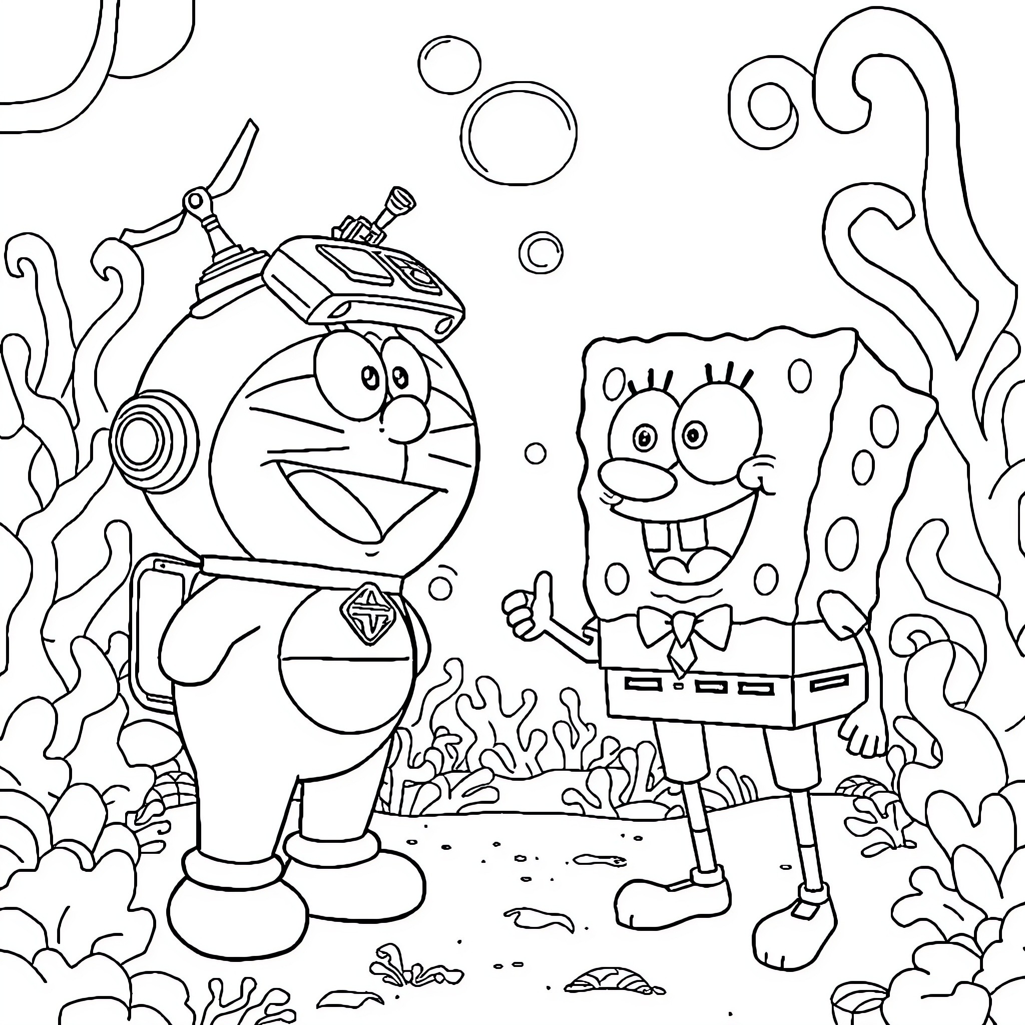 Doraemon and SpongeBob in an underwater adventure Coloring Page (free black-and-white line drawing printable PDF for all, from beginners to advanced learners, including children, teens, adults, and seniors)