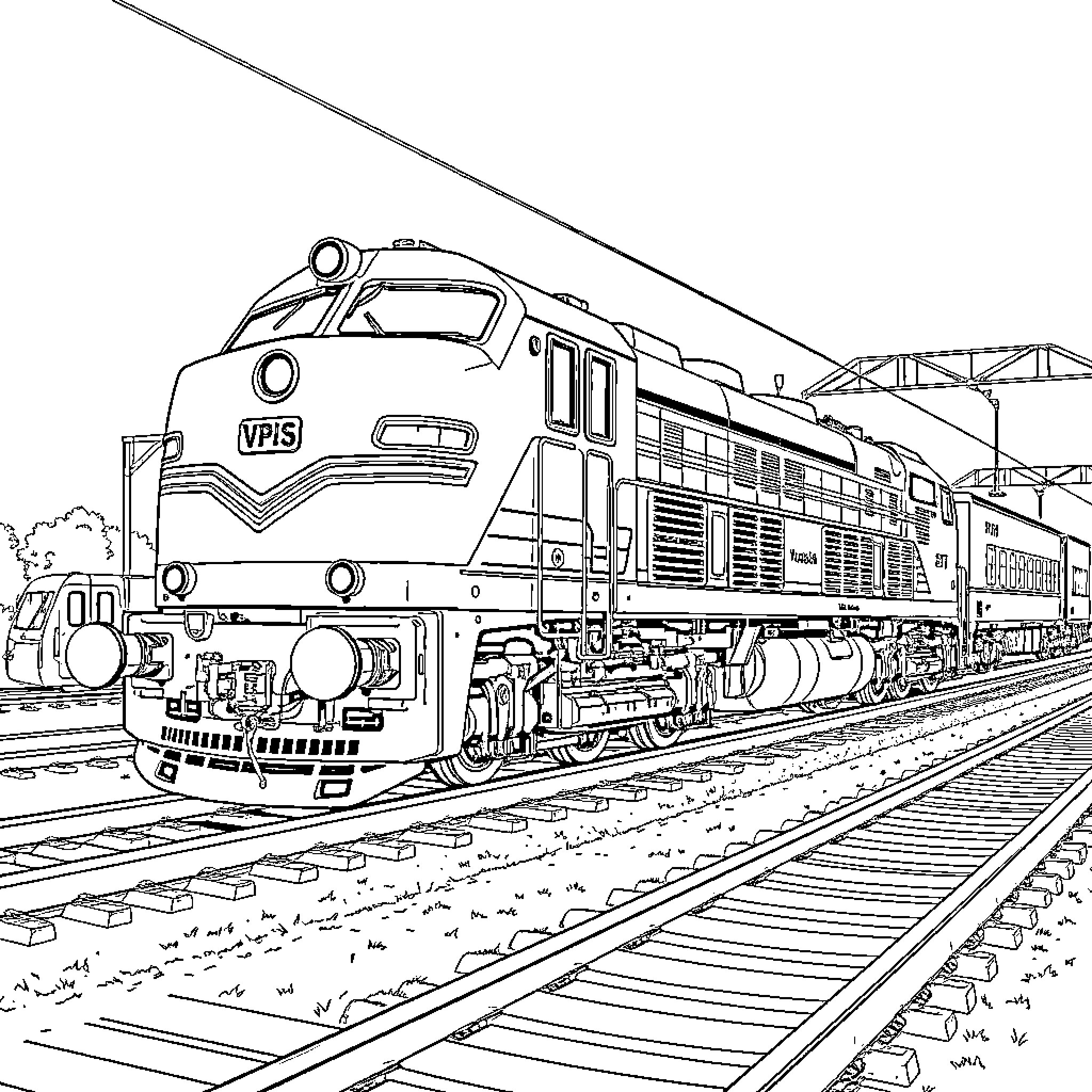 Vossloh G 6 VPS locomotive on railway tracks Coloring Page (free black-and-white line drawing printable PDF for all, from beginners to advanced learners, including children, teens, adults, and seniors)