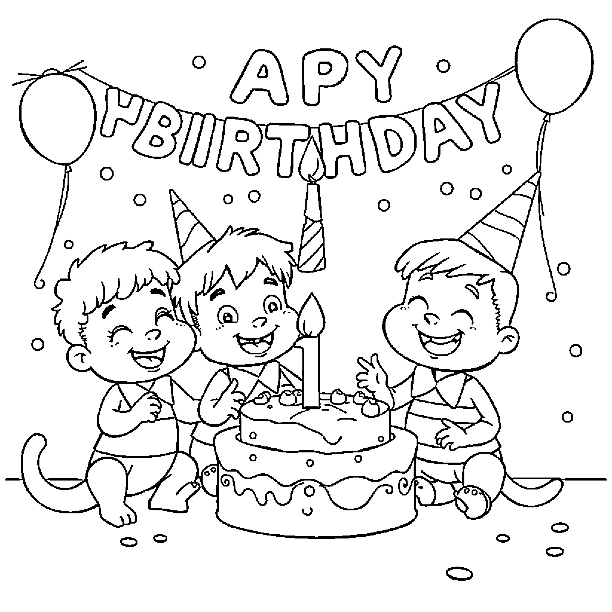 Bing boys celebrating happy birthday with cake and balloons Coloring Page (free black-and-white line drawing printable PDF for all, from beginners to advanced learners, including children, teens, adults, and seniors)
