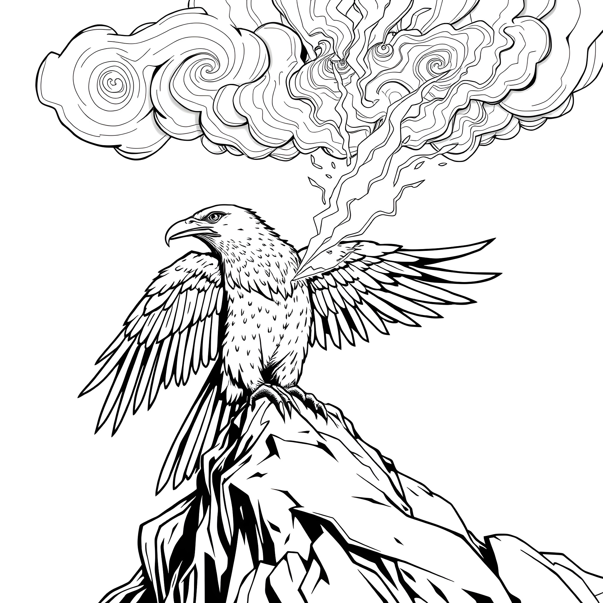 Thunderbird soaring over mountain with swirling clouds Coloring Page (free black-and-white line drawing printable PDF for all, from beginners to advanced learners, including children, teens, adults, and seniors)