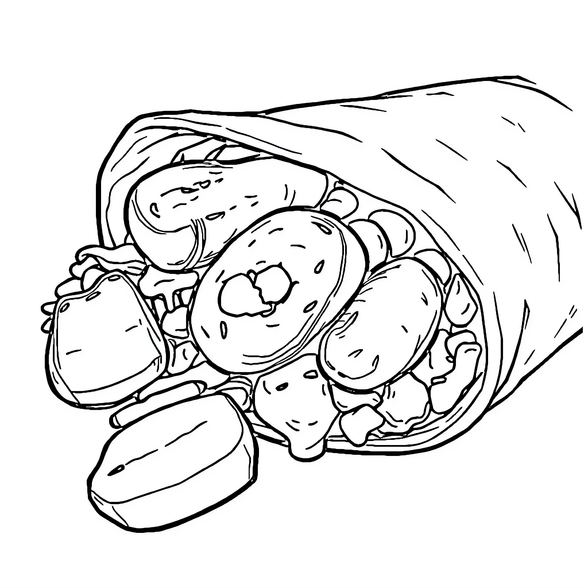 Burrito Packed with Delicious Ingredients Coloring Page (free black-and-white line drawing printable PDF for all, from beginners to advanced learners, including children, teens, adults, and seniors)