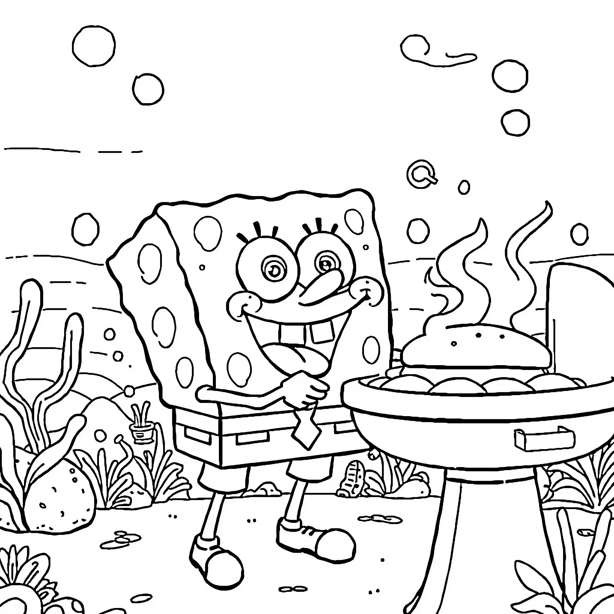Spongebob grilling and cooking underwater Coloring Page (free black-and-white line drawing printable PDF for all, from beginners to advanced learners, including children, teens, adults, and seniors)