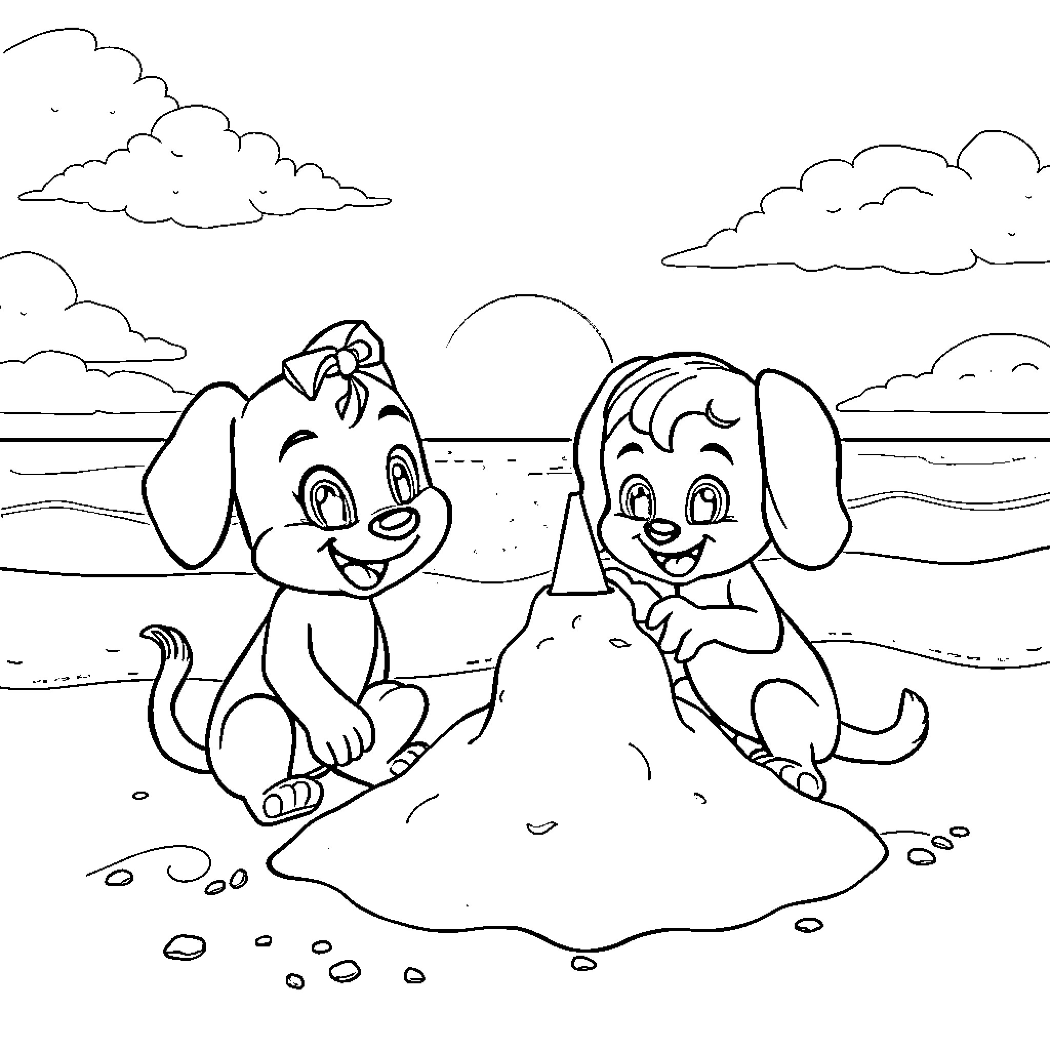 Bluey and Bingo playing in the sand Coloring Page (free black-and-white line drawing printable PDF for all, from beginners to advanced learners, including children, teens, adults, and seniors)