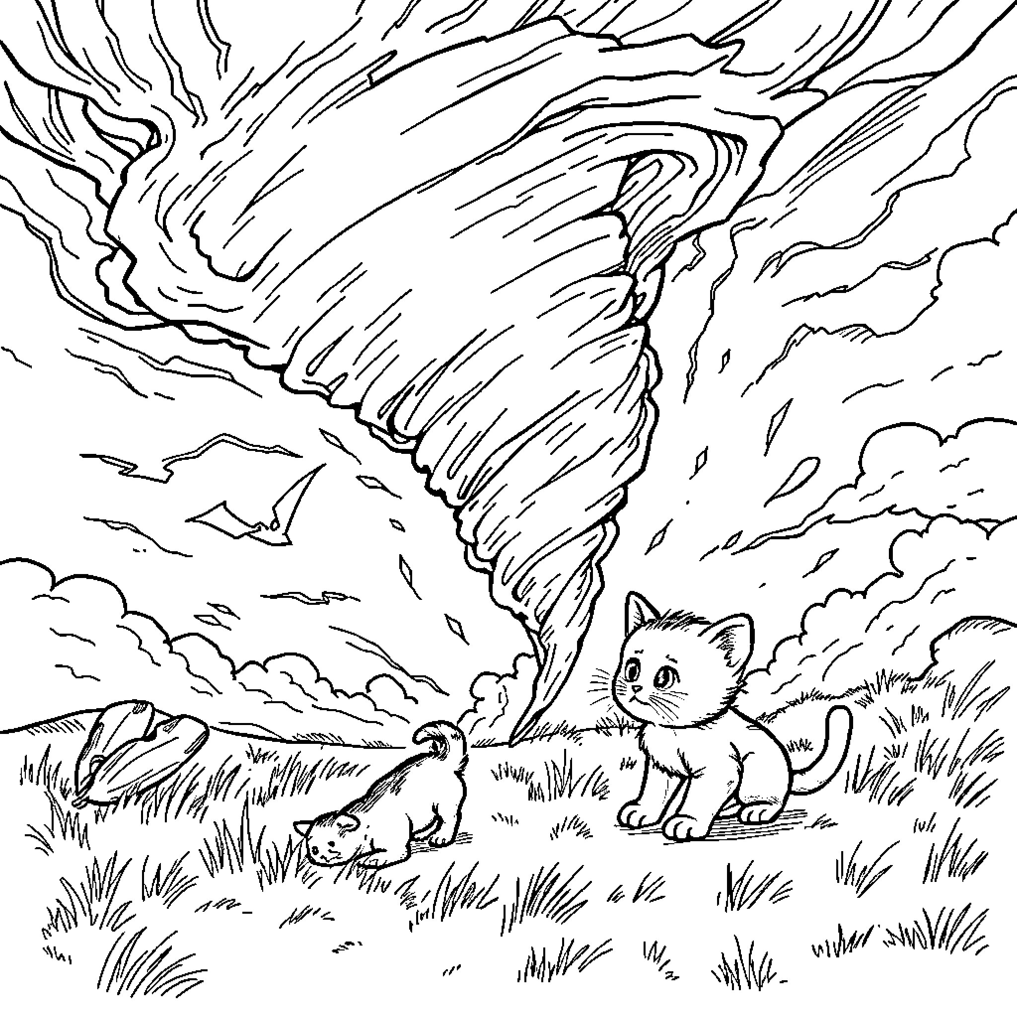 Kitten witnessing a powerful tornado in the distance Coloring Page (free black-and-white line drawing printable PDF for all, from beginners to advanced learners, including children, teens, adults, and seniors)