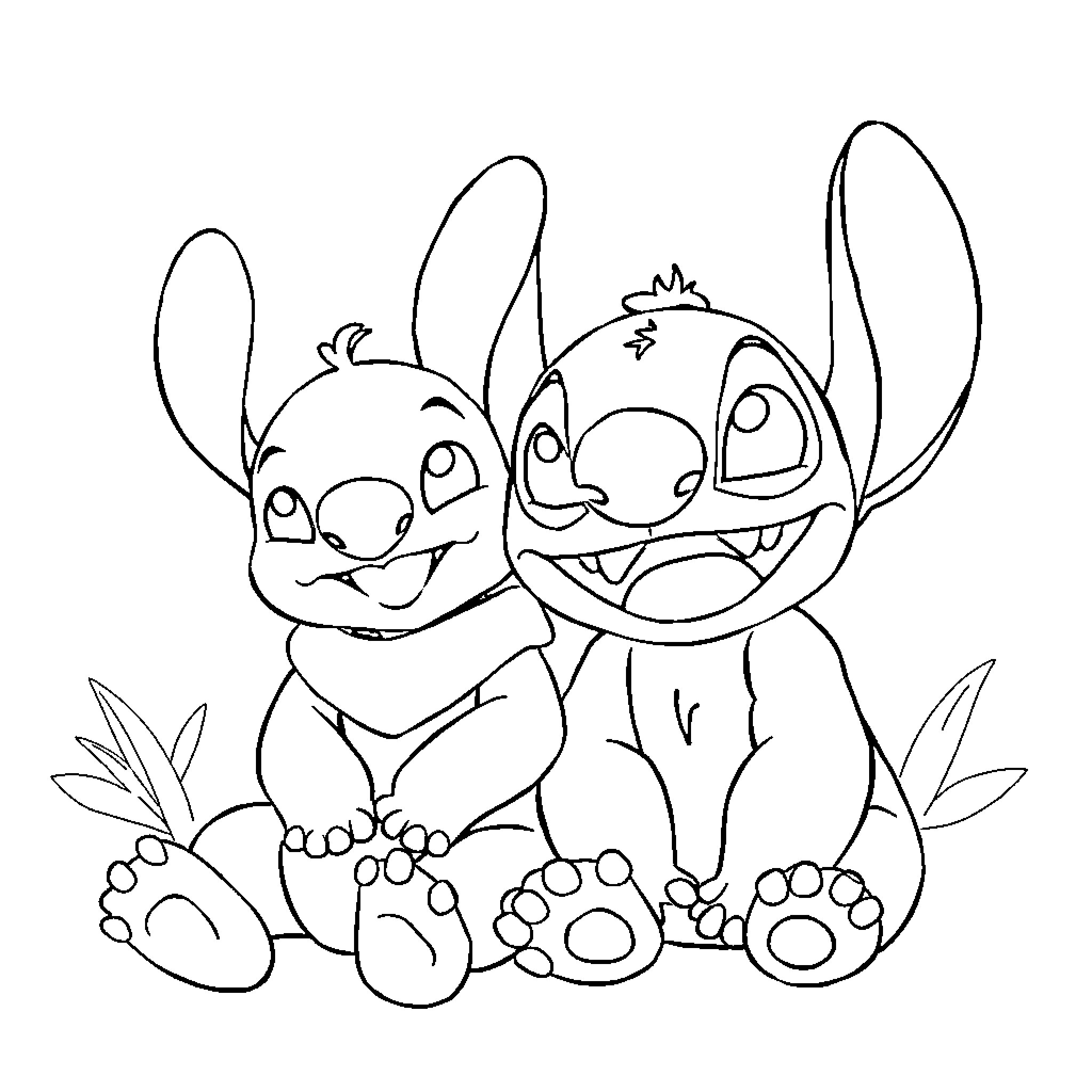 Labubu's Charming Duo: Playful Stitch Companions Coloring Page (free black-and-white line drawing printable PDF for all, from beginners to advanced learners, including children, teens, adults, and seniors)