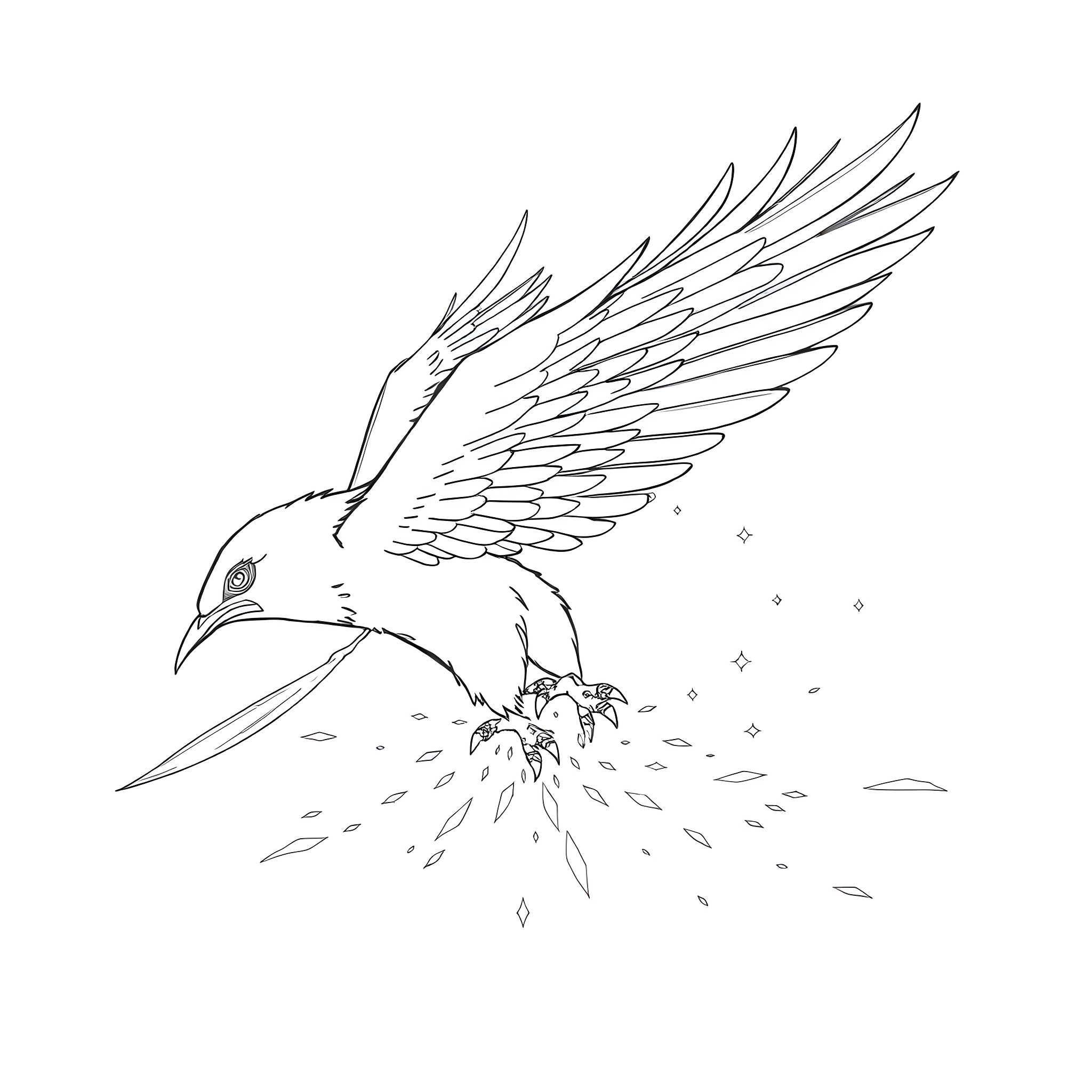 Thunderbird spreading its majestic wings in flight Coloring Page (free black-and-white line drawing printable PDF for all, from beginners to advanced learners, including children, teens, adults, and seniors)