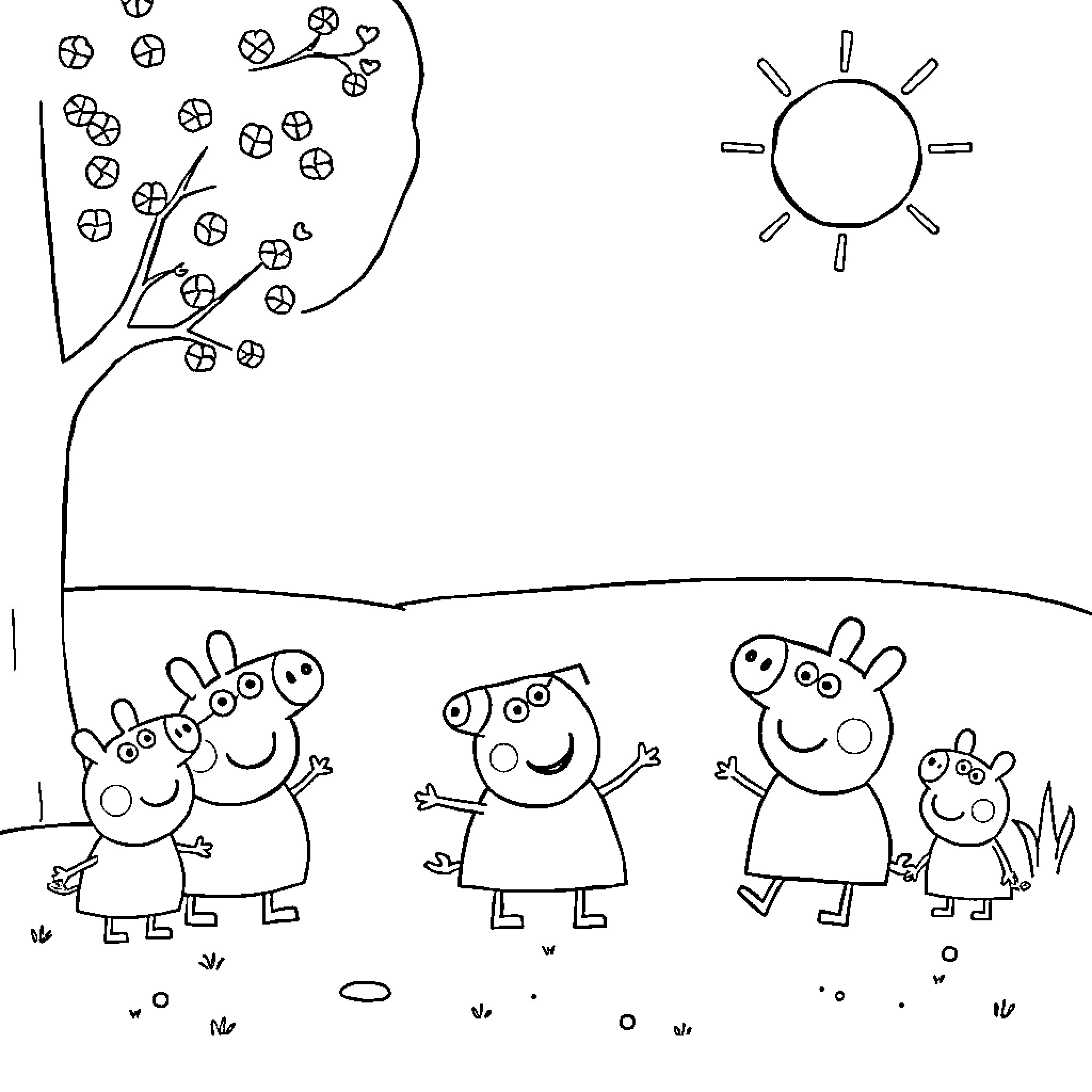 Peppa Pig and family enjoying a sunny day Coloring Page (free black-and-white line drawing printable PDF for all, from beginners to advanced learners, including children, teens, adults, and seniors)