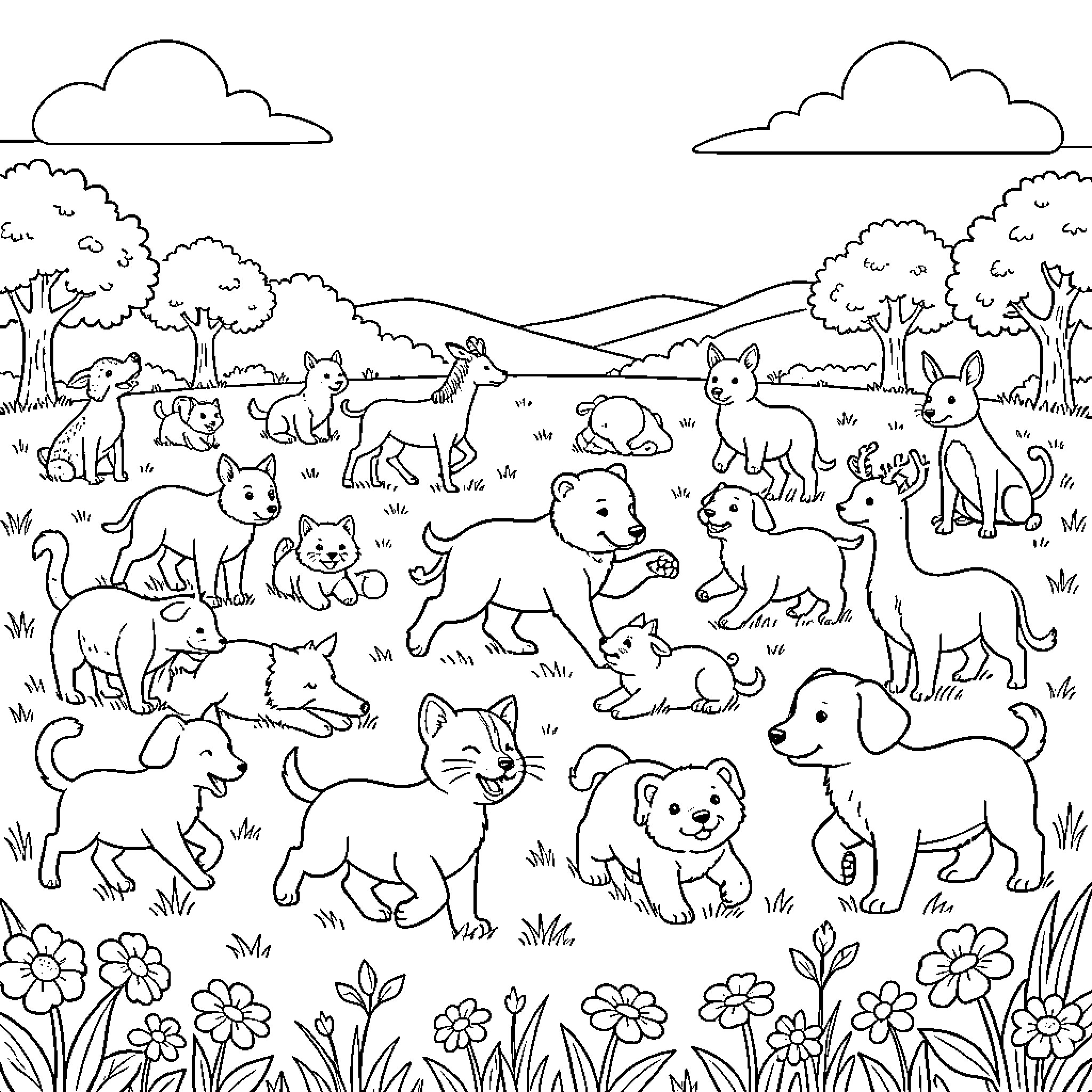 Animal Gathering in a Scenic Outdoor Setting Coloring Page (free black-and-white line drawing printable PDF for all, from beginners to advanced learners, including children, teens, adults, and seniors)