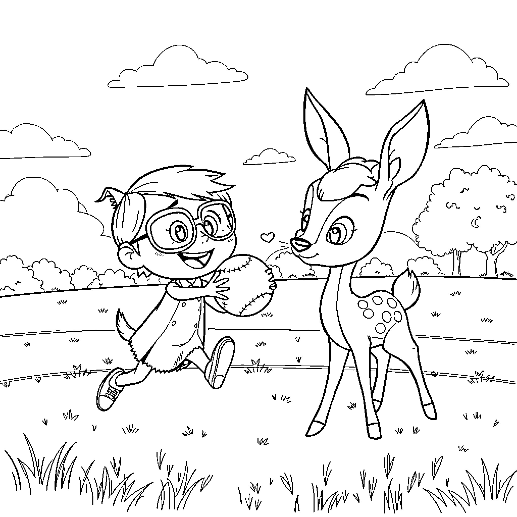 Bing-bong friends playing in the meadow Coloring Page (free black-and-white line drawing printable PDF for all, from beginners to advanced learners, including children, teens, adults, and seniors)