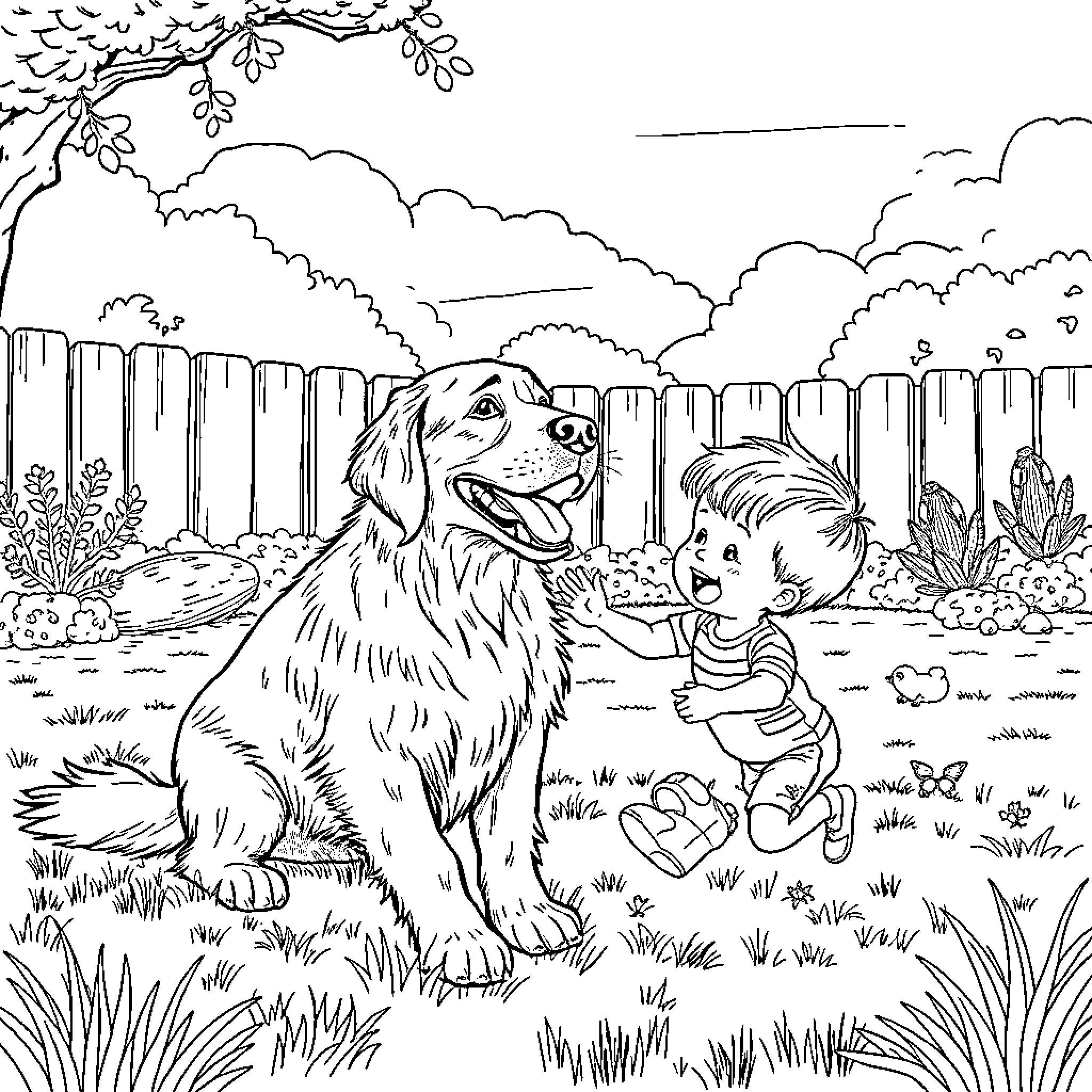 Golden Retriever playing with a child in a backyard Coloring Page (free black-and-white line drawing printable PDF for all, from beginners to advanced learners, including children, teens, adults, and seniors)
