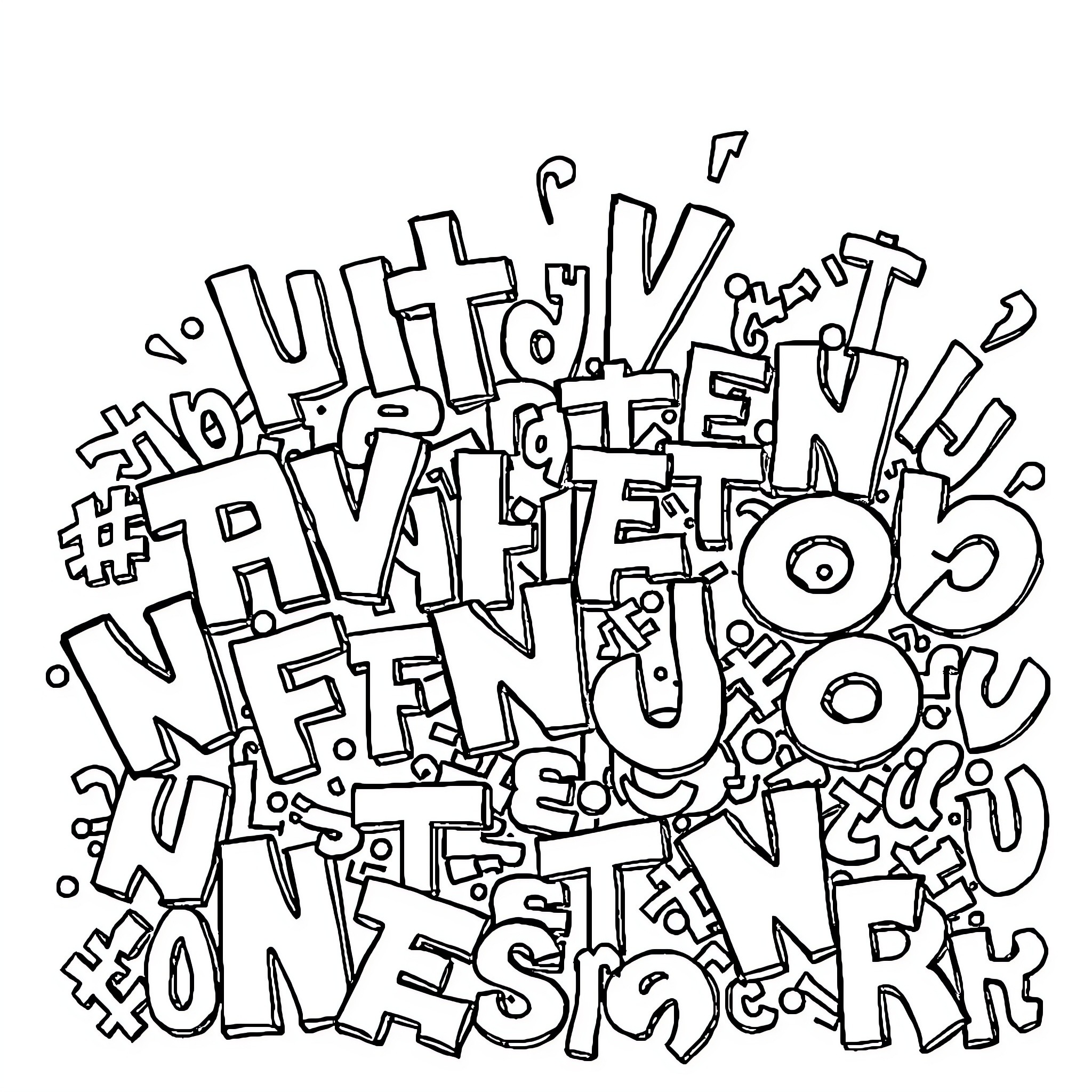 Abstract typography with decorative elements Coloring Page (free black-and-white line drawing printable PDF for all, from beginners to advanced learners, including children, teens, adults, and seniors)