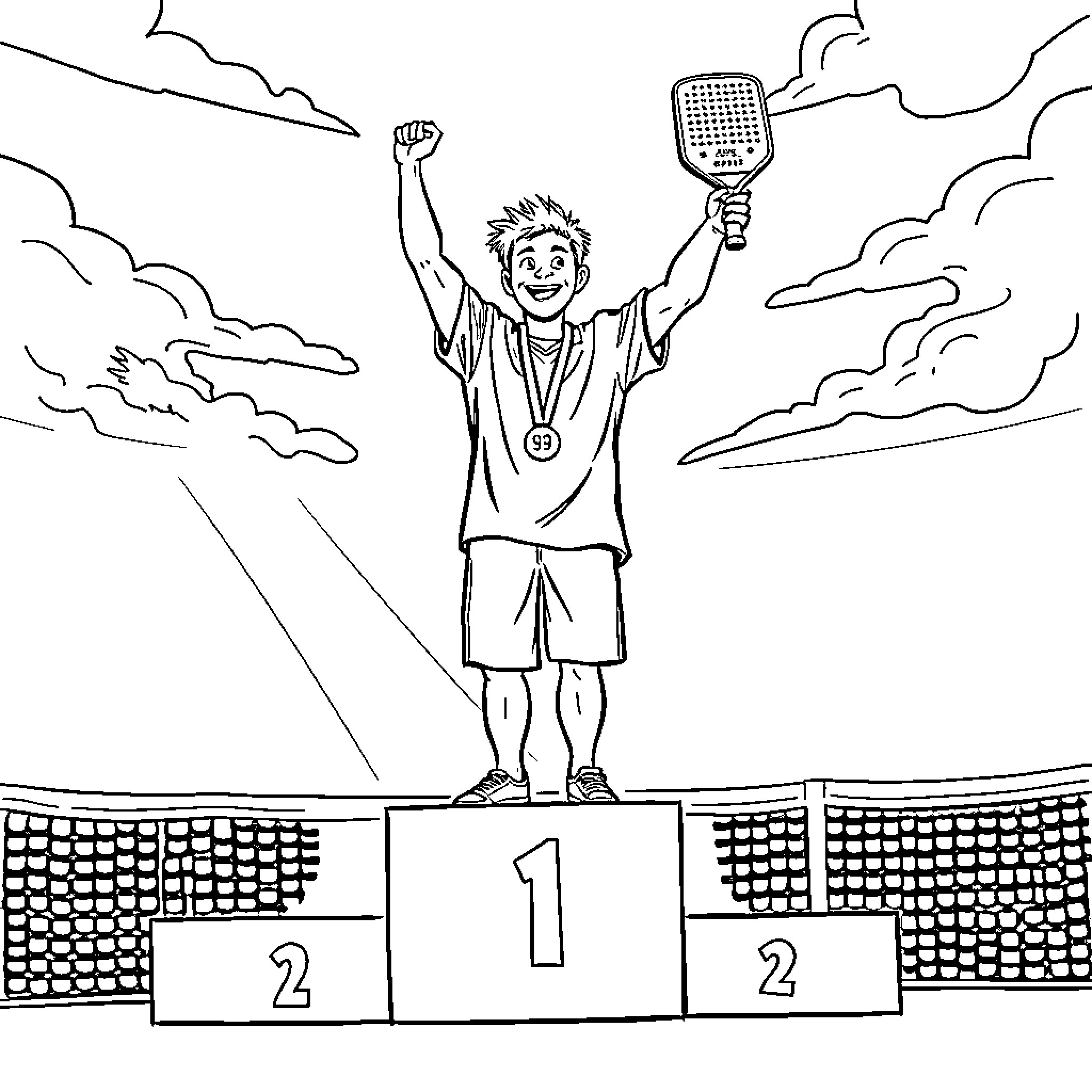 Guy celebrating victory on podium with trophy Coloring Page (free black-and-white line drawing printable PDF for all, from beginners to advanced learners, including children, teens, adults, and seniors)