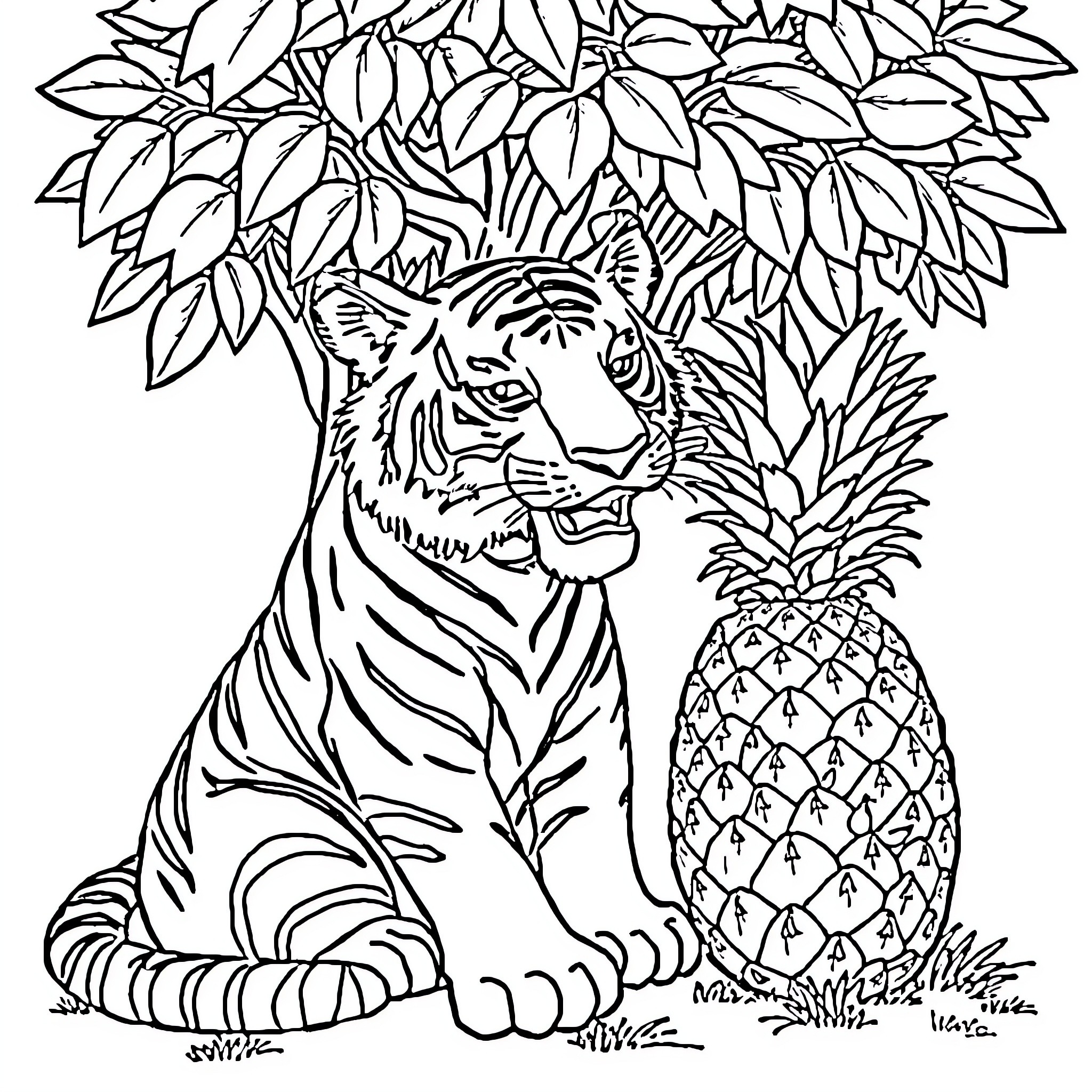 Tiger sitting amidst tropical foliage and pineapple Coloring Page (free black-and-white line drawing printable PDF for all, from beginners to advanced learners, including children, teens, adults, and seniors)