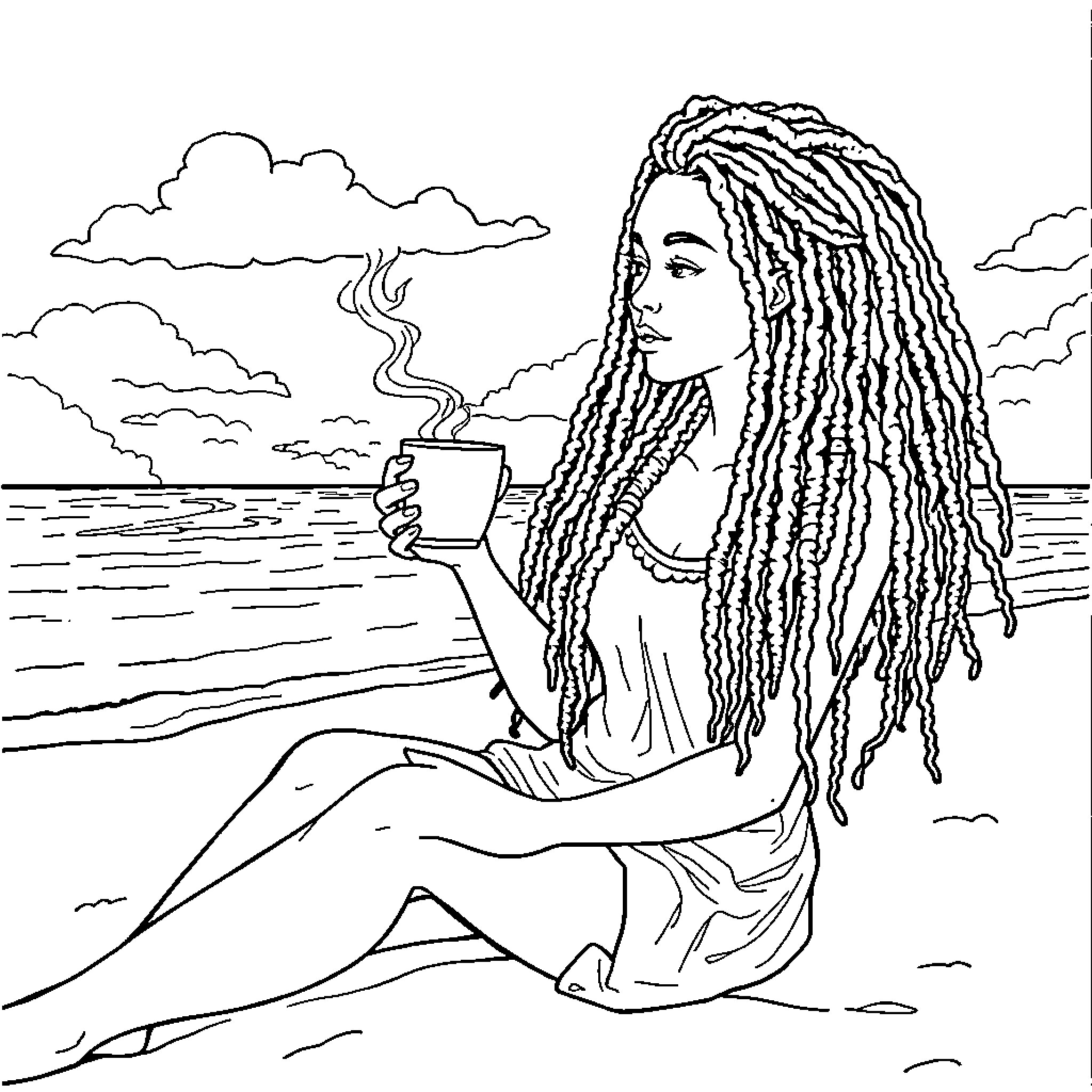 Girl enjoying warm beverage by the beach Coloring Page (free black-and-white line drawing printable PDF for all, from beginners to advanced learners, including children, teens, adults, and seniors)