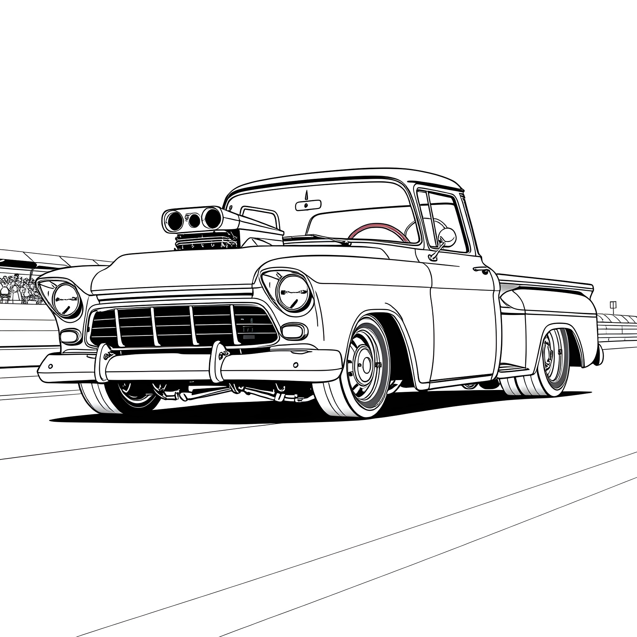 Chevy Truck with Customized Modifications Coloring Page (free black-and-white line drawing printable PDF for all, from beginners to advanced learners, including children, teens, adults, and seniors)