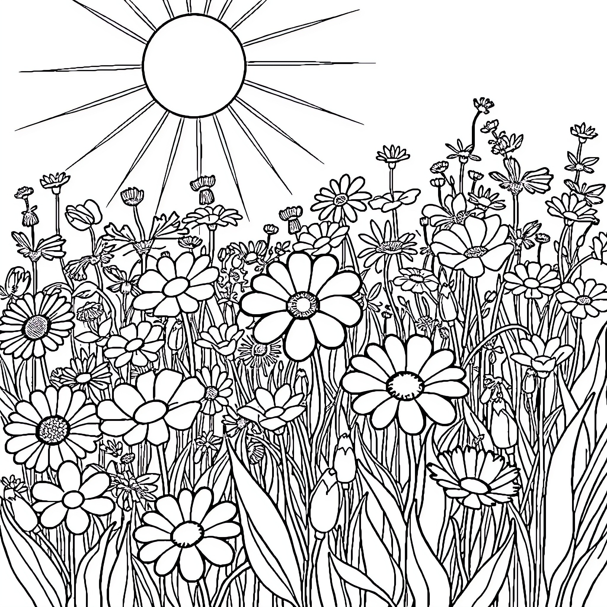Flower field blooming under the sun Coloring Page (free black-and-white line drawing printable PDF for all, from beginners to advanced learners, including children, teens, adults, and seniors)