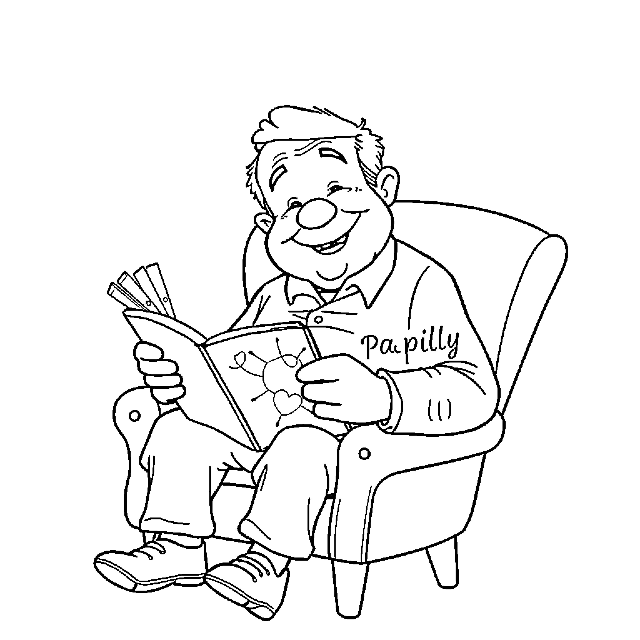Papy reading a book happily in his chair Coloring Page (free black-and-white line drawing printable PDF for all, from beginners to advanced learners, including children, teens, adults, and seniors)