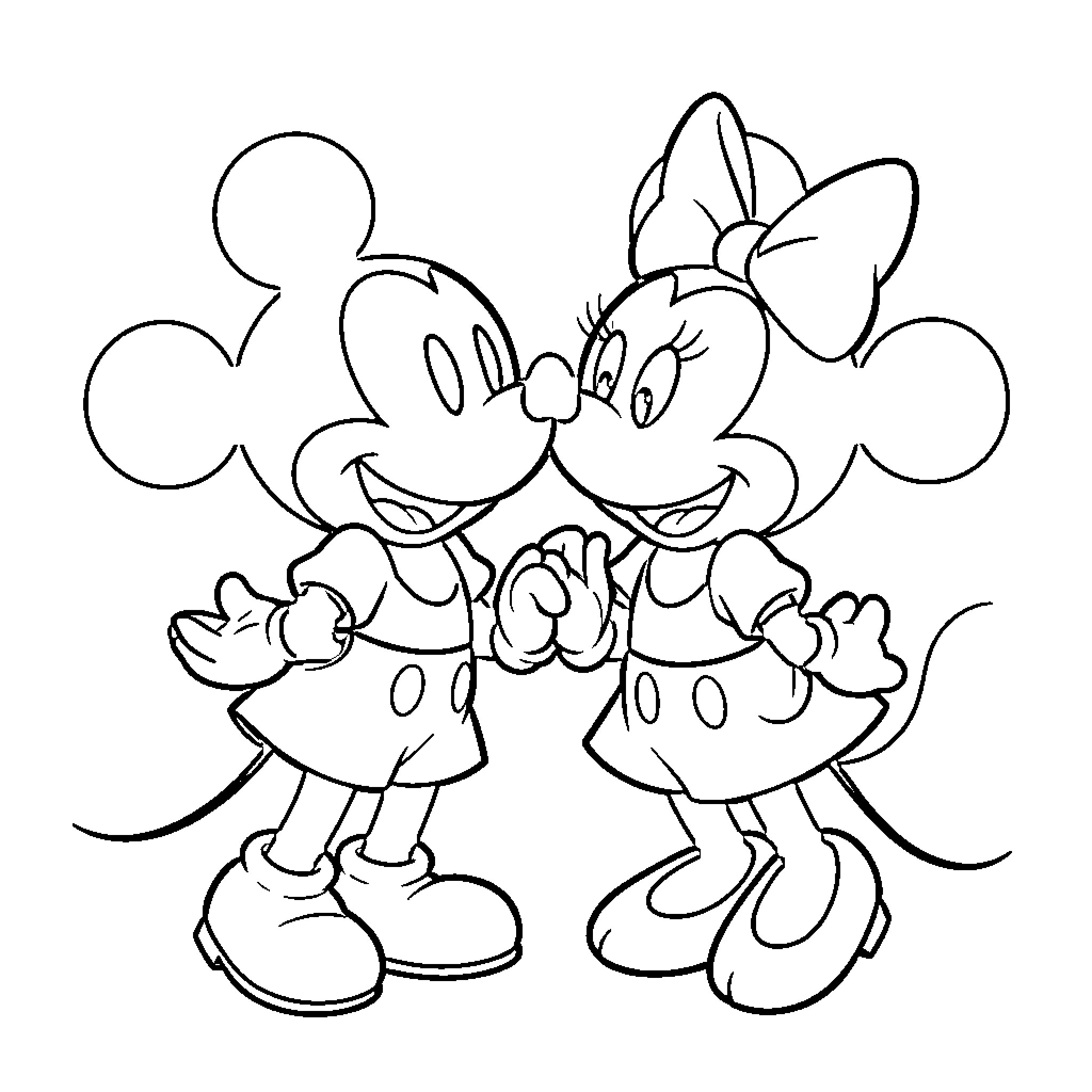 Mickey and Minnie in playful embrace Coloring Page (free black-and-white line drawing printable PDF for all, from beginners to advanced learners, including children, teens, adults, and seniors)