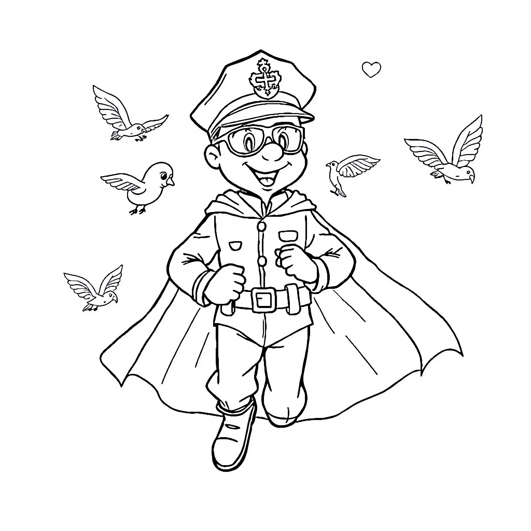 Pompier Superhero Assisting Adorable Birds Coloring Page (free black-and-white line drawing printable PDF for all, from beginners to advanced learners, including children, teens, adults, and seniors)