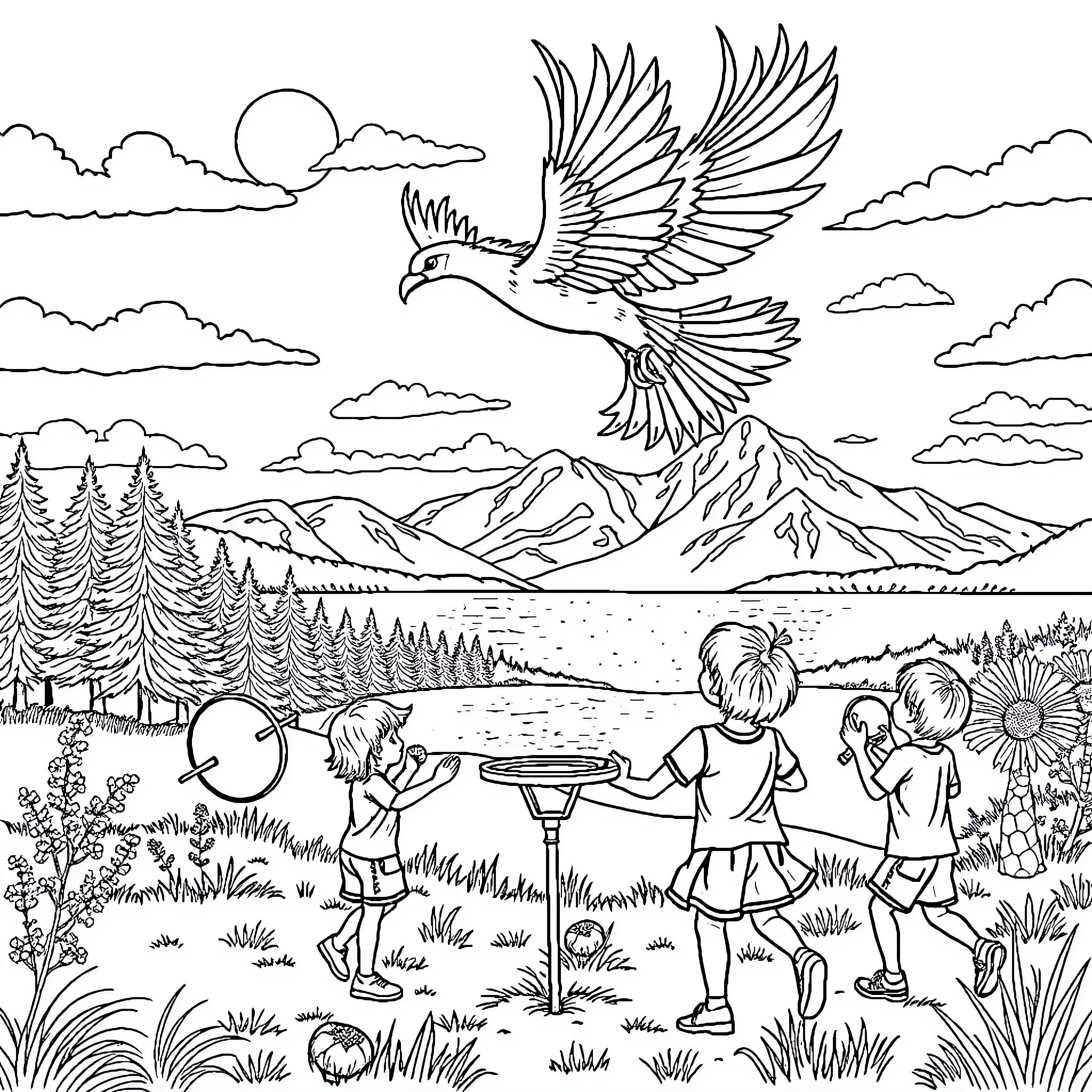 Kid playing outdoor adventure with friends Coloring Page (free black-and-white line drawing printable PDF for all, from beginners to advanced learners, including children, teens, adults, and seniors)