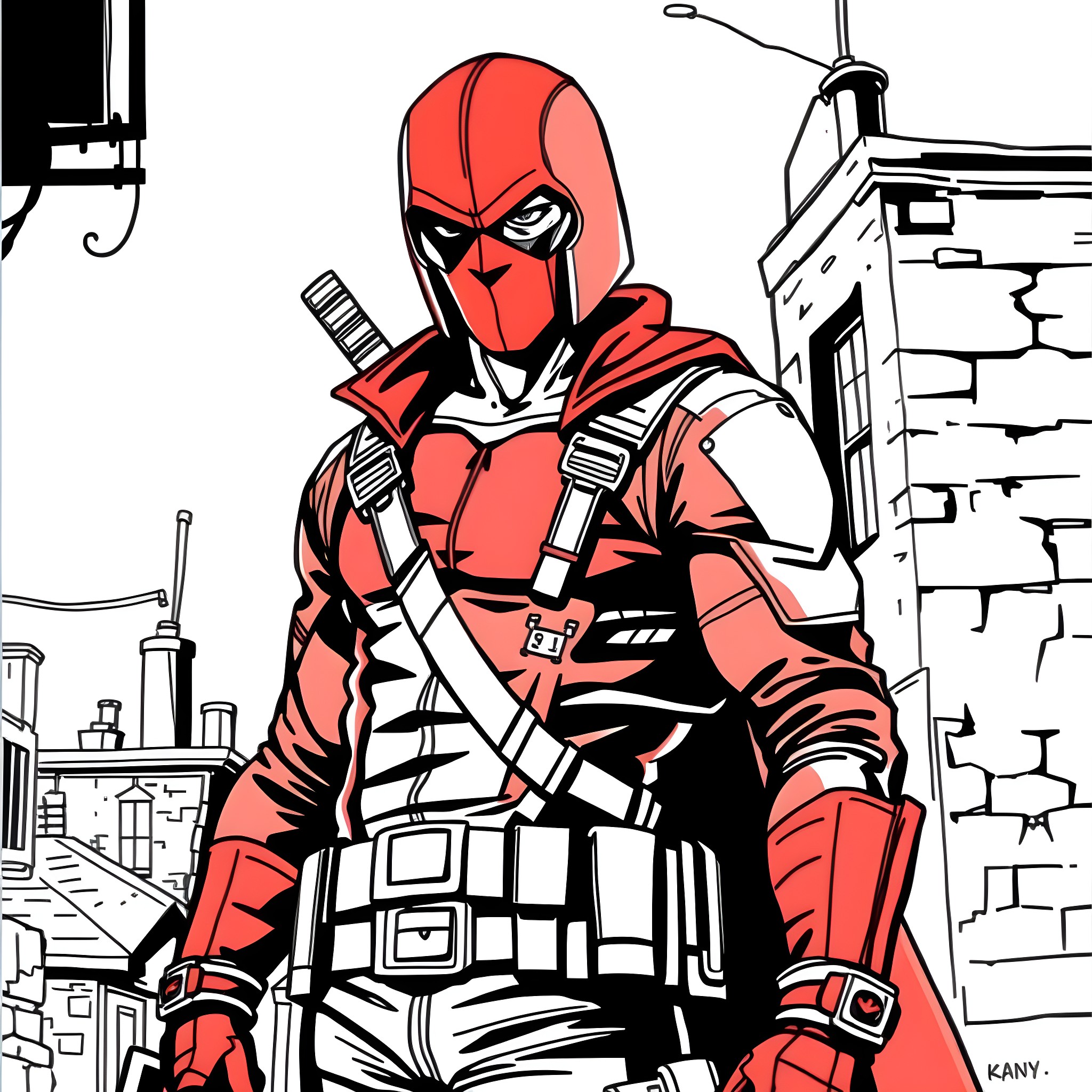 Red Hood wielding weapons in a ruined urban setting Coloring Page (free black-and-white line drawing printable PDF for all, from beginners to advanced learners, including children, teens, adults, and seniors)