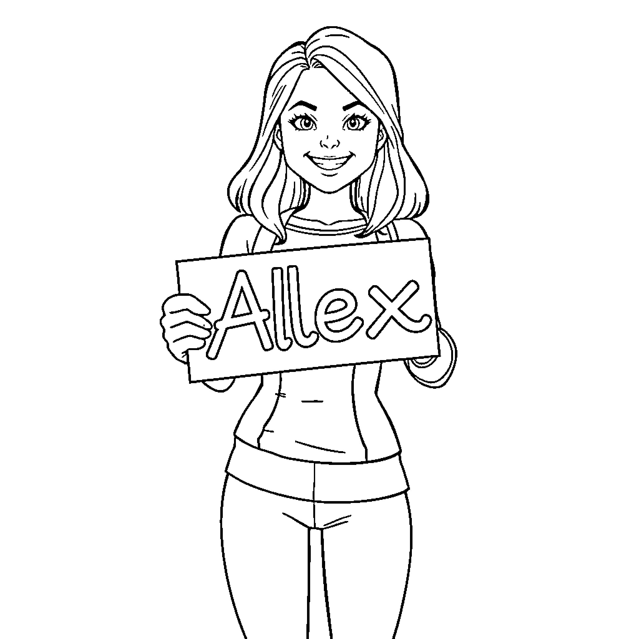 Alex Danvers holding a sign with her name Coloring Page (free black-and-white line drawing printable PDF for all, from beginners to advanced learners, including children, teens, adults, and seniors)