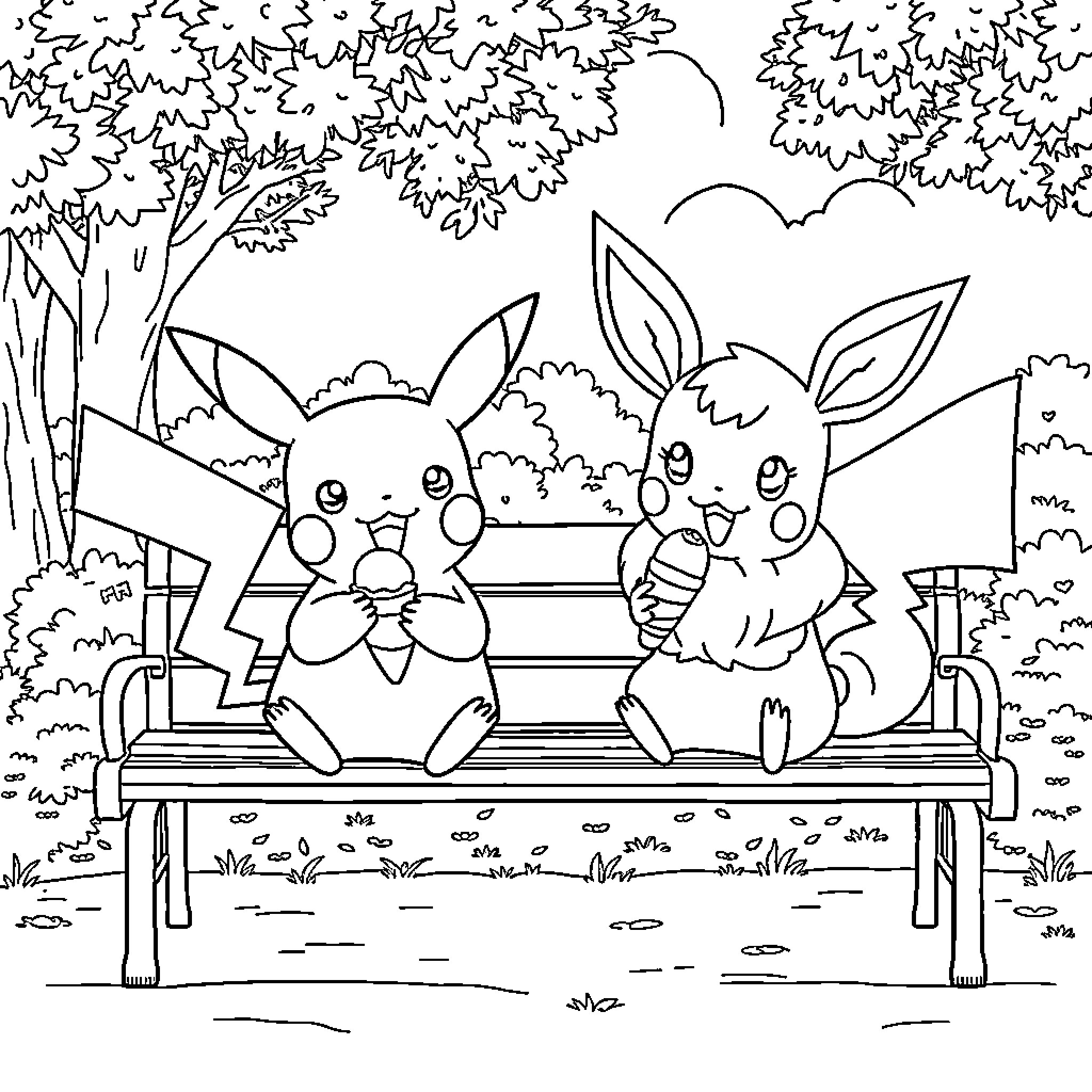 Pikachu and Eevee relaxing on a bench in the park Coloring Page (free black-and-white line drawing printable PDF for all, from beginners to advanced learners, including children, teens, adults, and seniors)