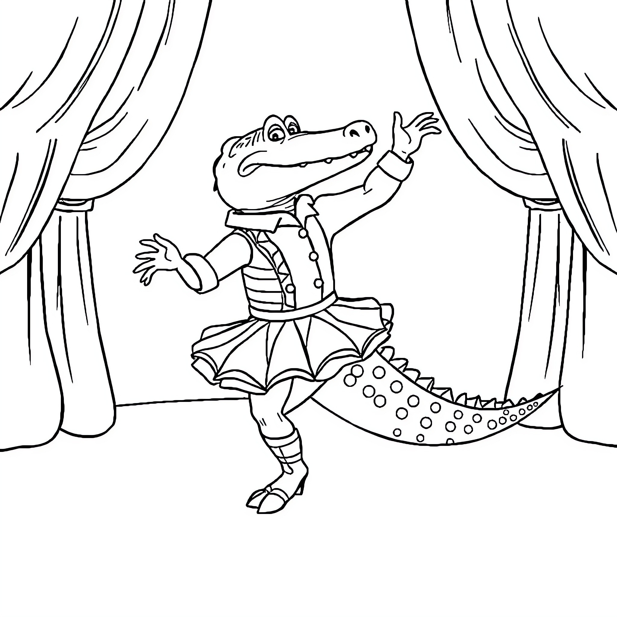 Crocodile dancing on stage in costume Coloring Page (free black-and-white line drawing printable PDF for all, from beginners to advanced learners, including children, teens, adults, and seniors)