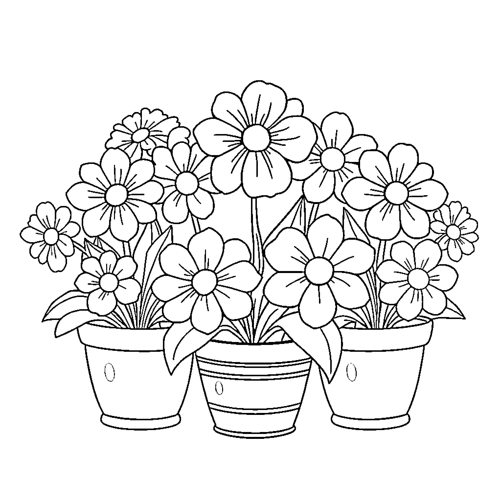 Flower Arrangement in Pots Coloring Page (free black-and-white line drawing printable PDF for all, from beginners to advanced learners, including children, teens, adults, and seniors)