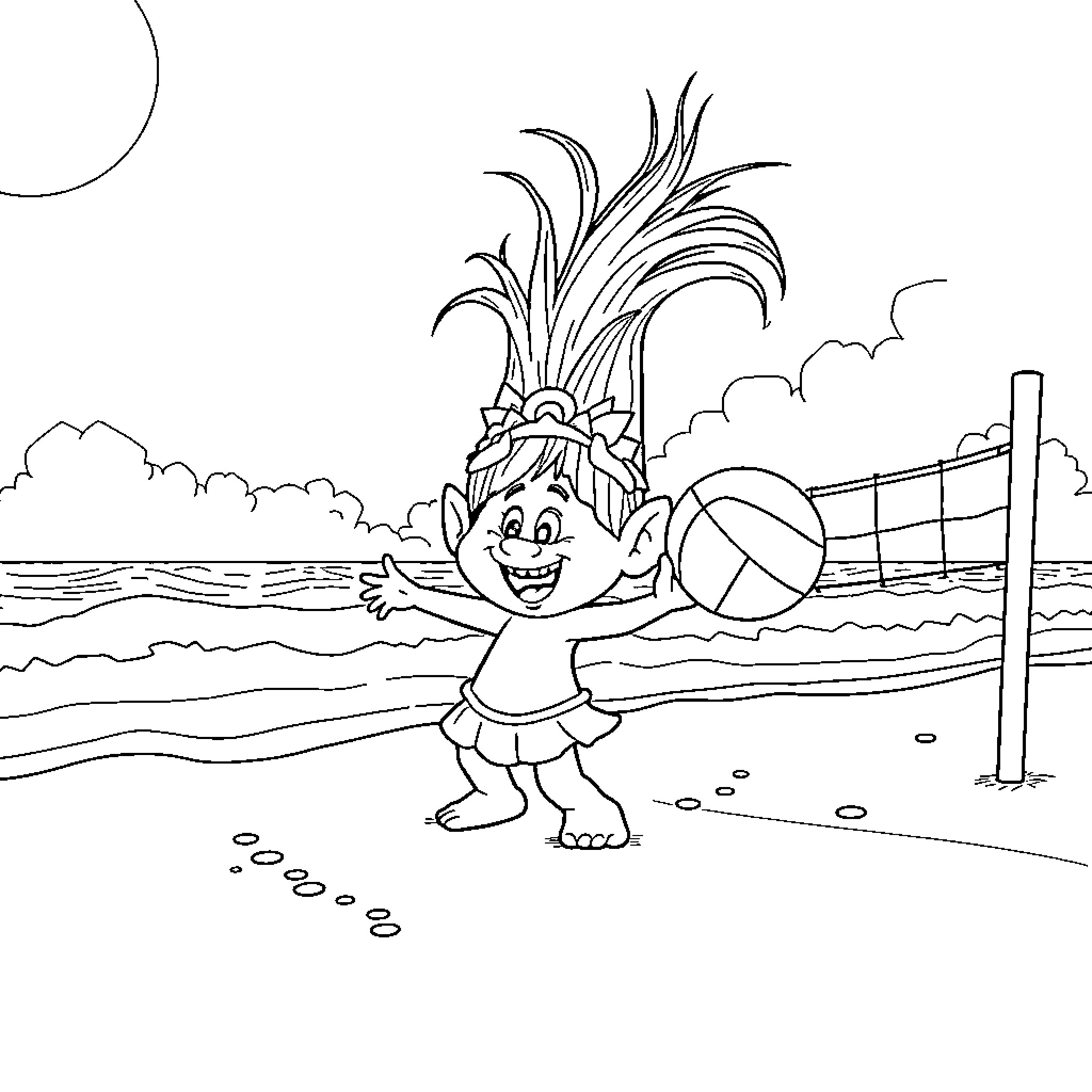 Poppy playing joyfully on the beach Coloring Page (free black-and-white line drawing printable PDF for all, from beginners to advanced learners, including children, teens, adults, and seniors)