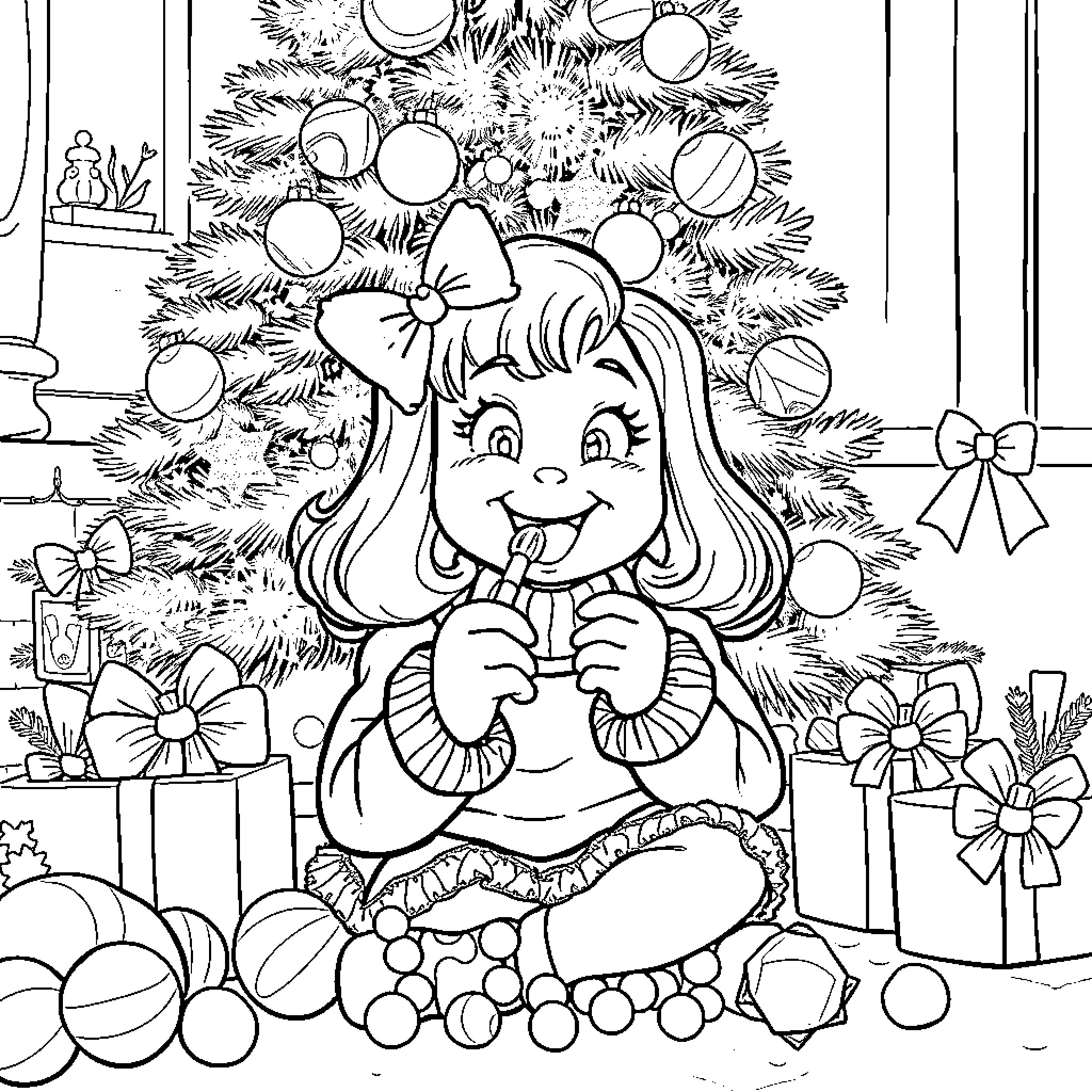 Bobbie Good's Christmas Delight Coloring Page (free black-and-white line drawing printable PDF for all, from beginners to advanced learners, including children, teens, adults, and seniors)